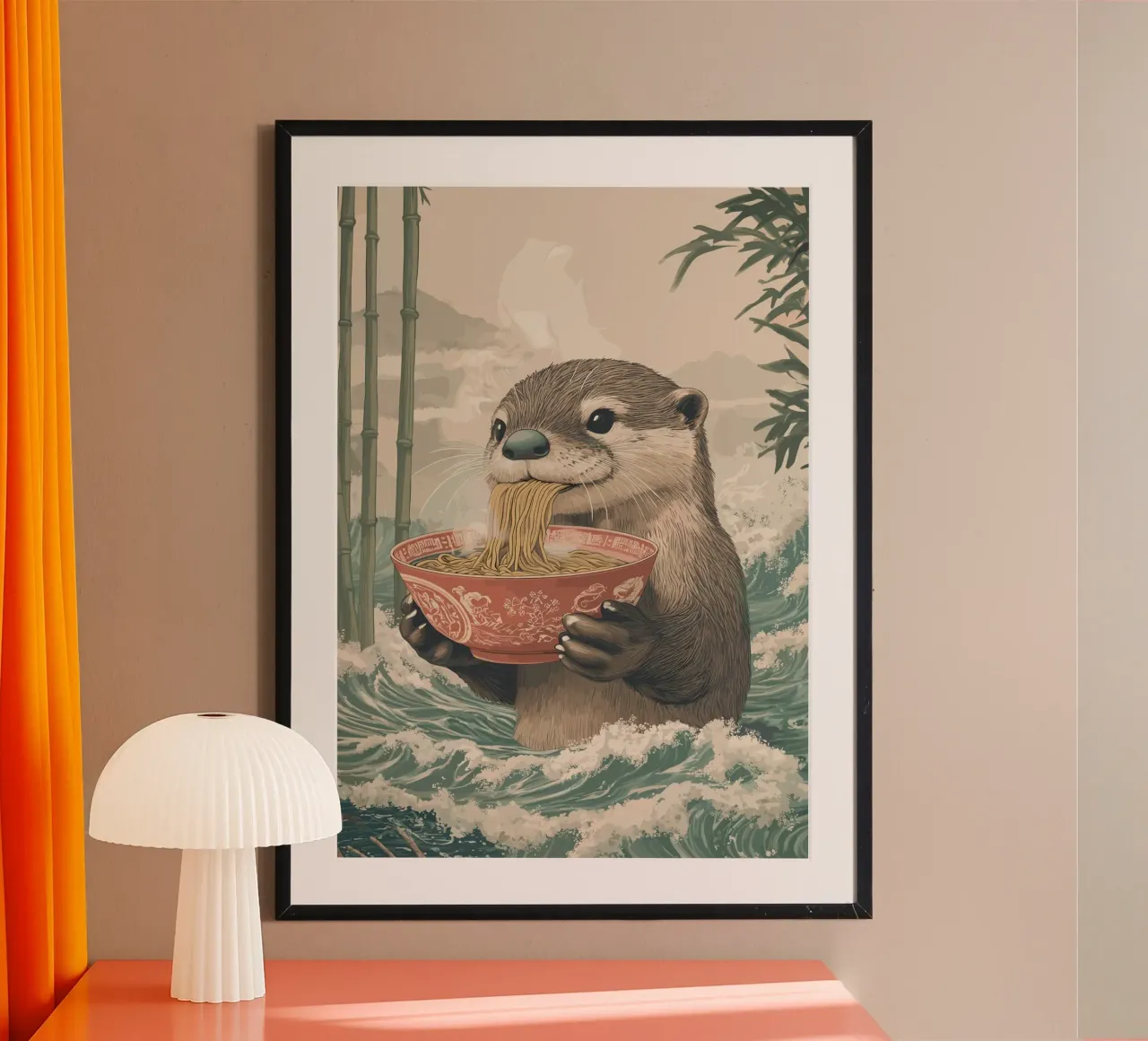 Lontra con ramen in una marea di Estremo Oriente poster con telaio in plastica da pixelbull - medieval art and more