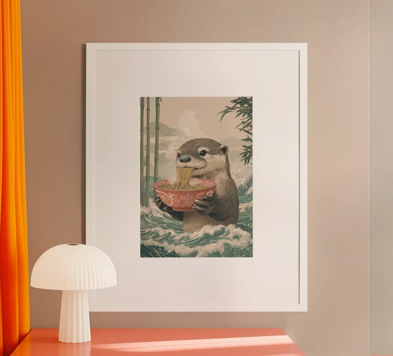 Lontra con ramen in una marea di Estremo Oriente poster con telaio in plastica da pixelbull - medieval art and more