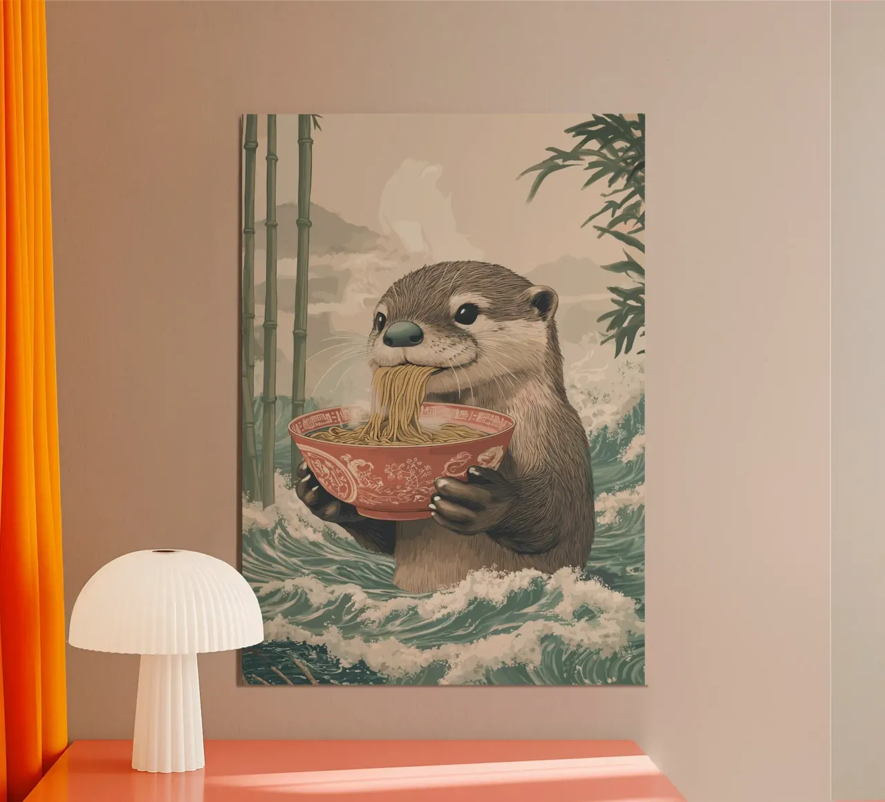 Lontra con ramen in una marea di Estremo Oriente poster con telaio in plastica da pixelbull - medieval art and more