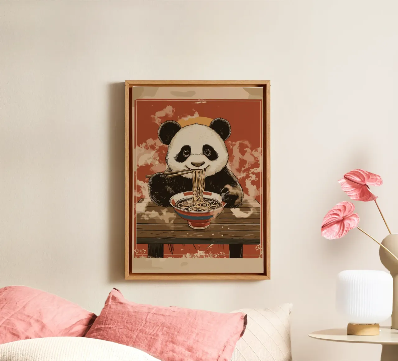 Panda at a ramen feast canvas with Floater frame by pixelbull - medieval art and more