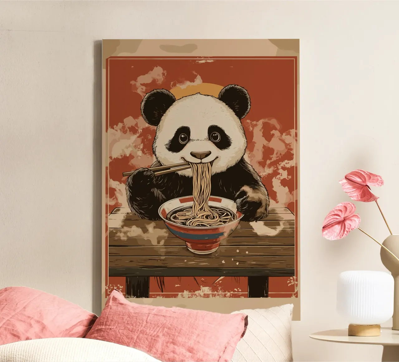 Panda at a ramen feast canvas with Floater frame by pixelbull - medieval art and more