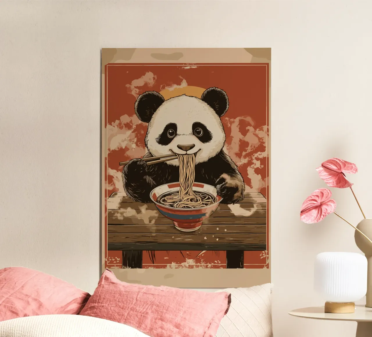 Panda a un banchetto di ramen poster con telaio in alluminio da pixelbull - medieval art and more
