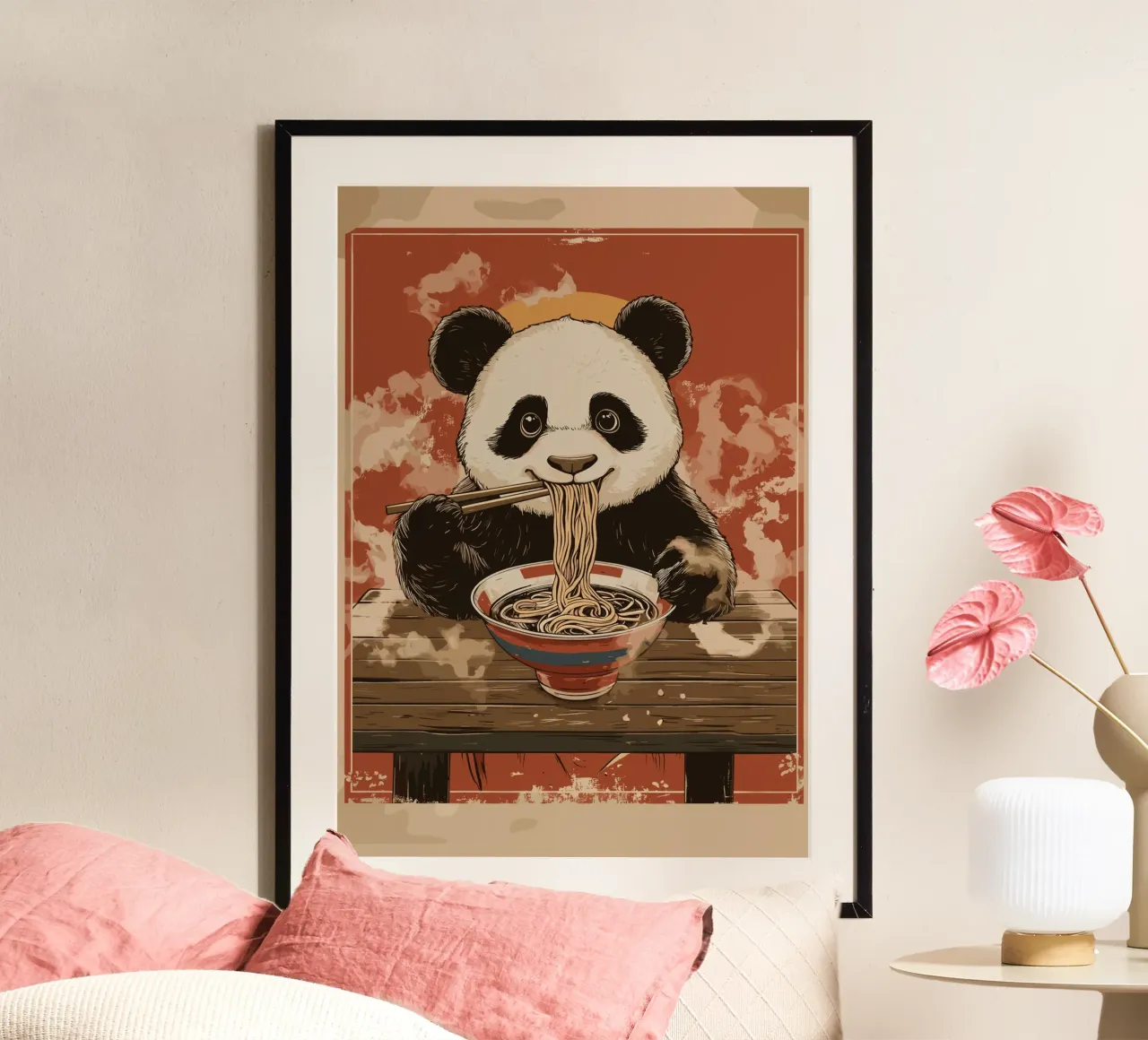 Panda a un banchetto di ramen poster con telaio in alluminio da pixelbull - medieval art and more