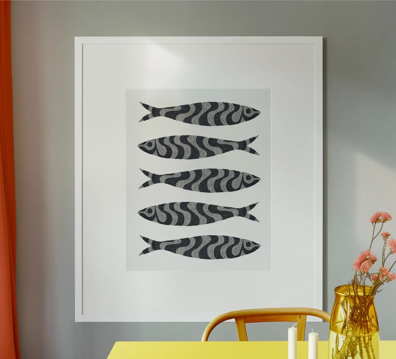 Black Sardines poster con telaio in alluminio da Kuba Gornowicz