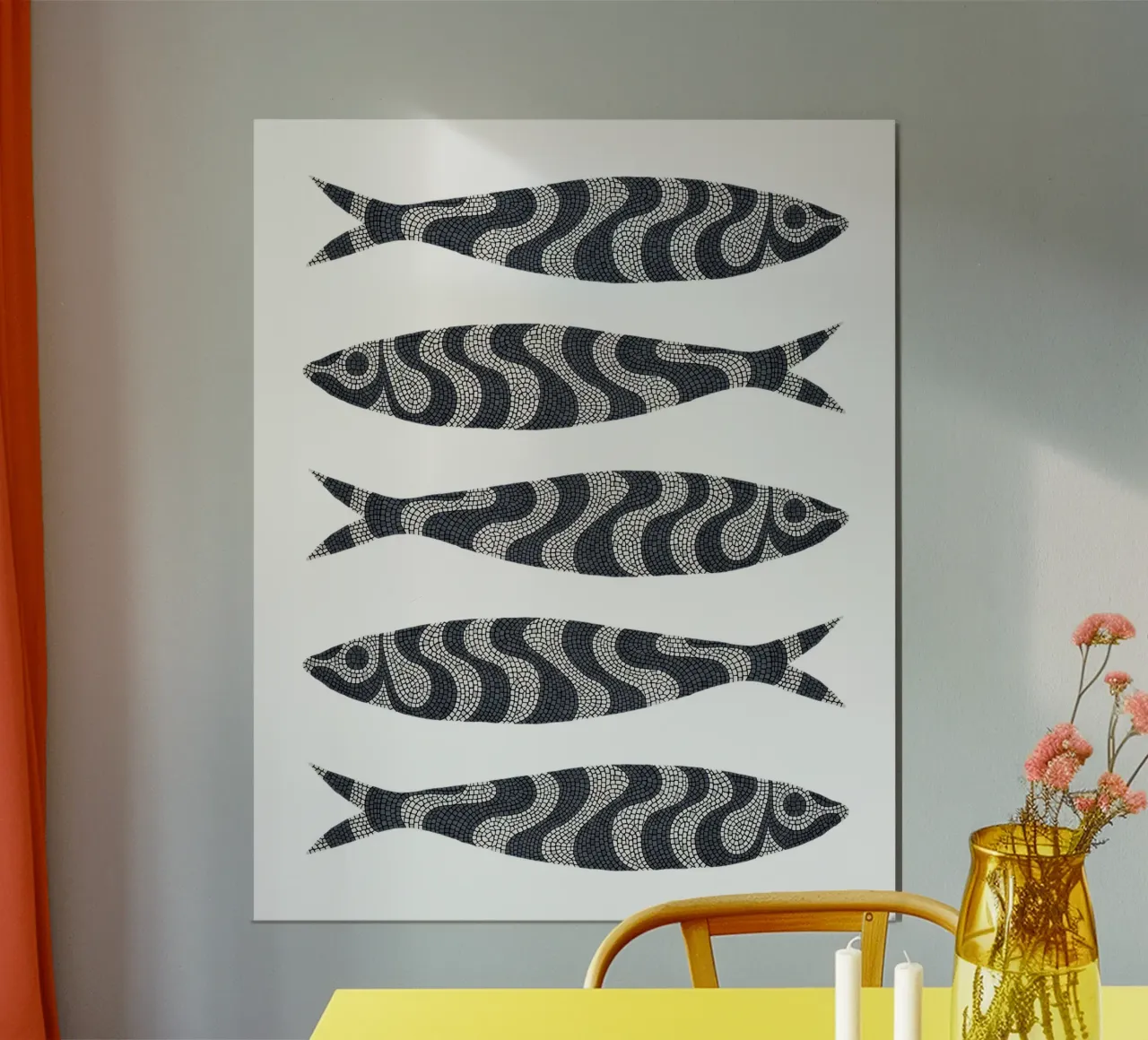 Black Sardines poster con telaio in alluminio da Kuba Gornowicz