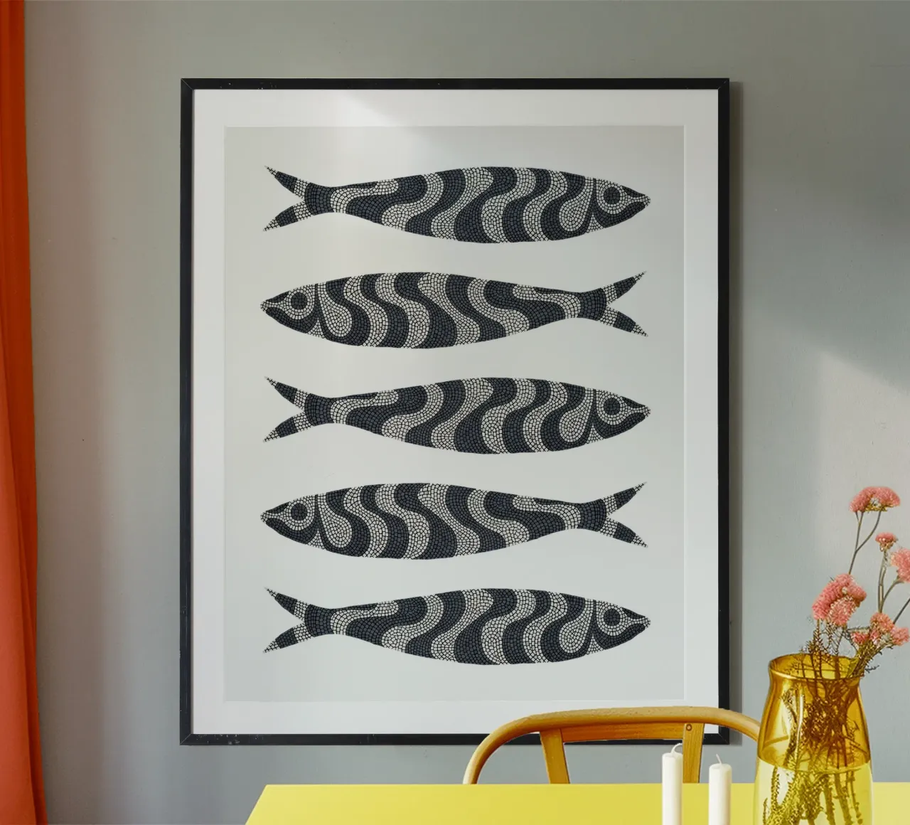 Black Sardines poster con telaio in alluminio da Kuba Gornowicz