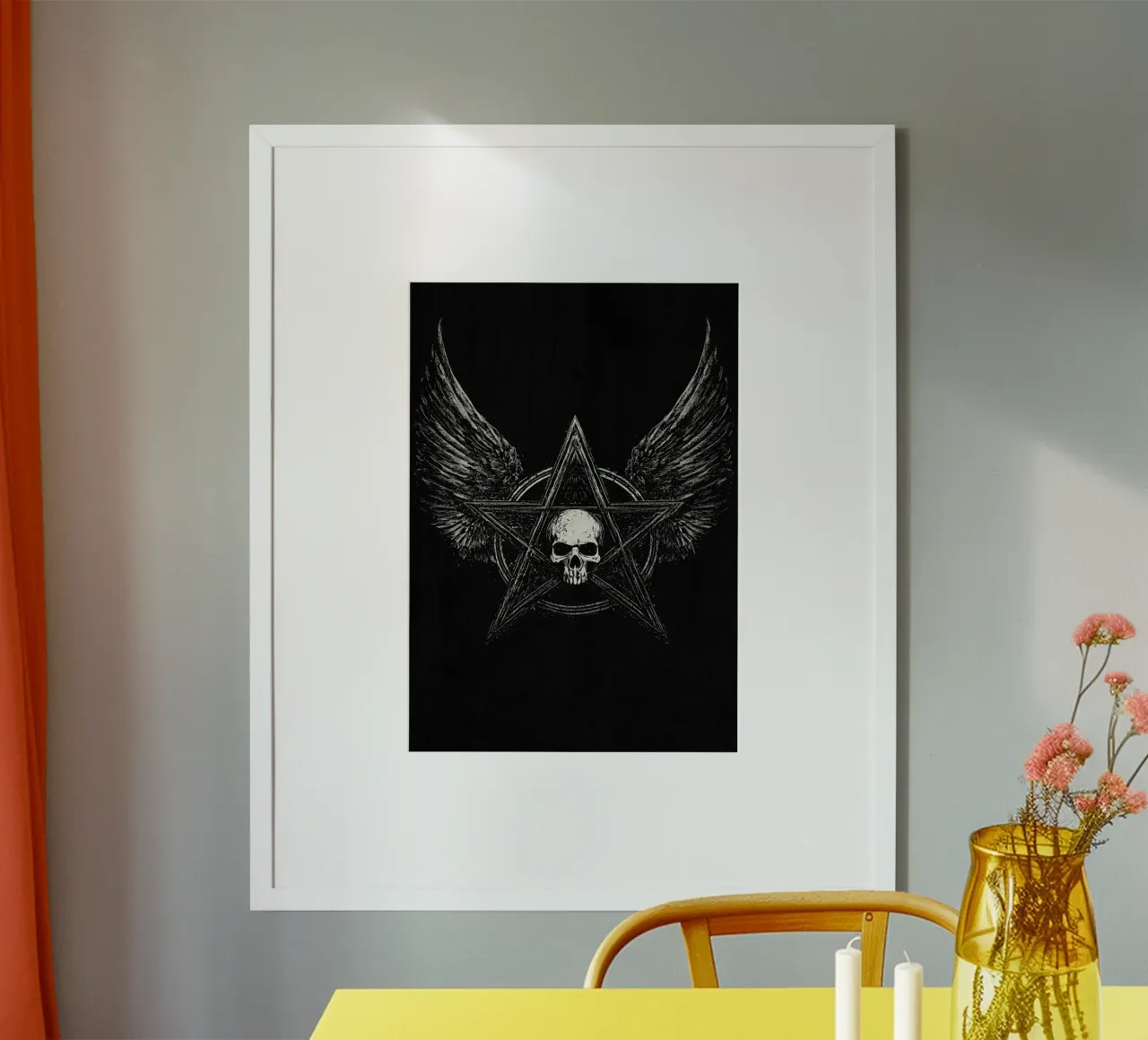Pentagramma con teschio e ali poster con telaio in legno da pixelbull - medieval art and more
