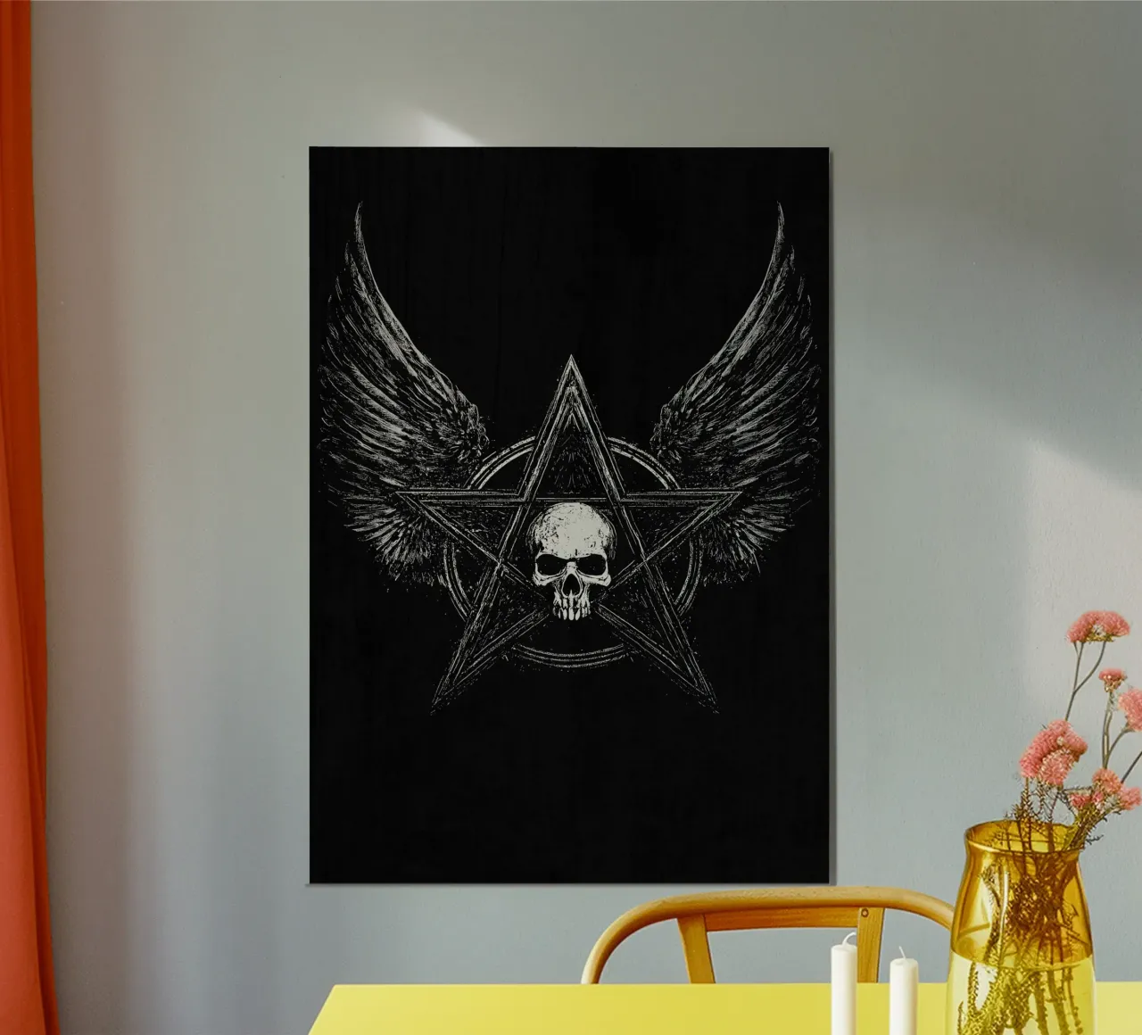 Pentagramma con teschio e ali poster con telaio in legno da pixelbull - medieval art and more