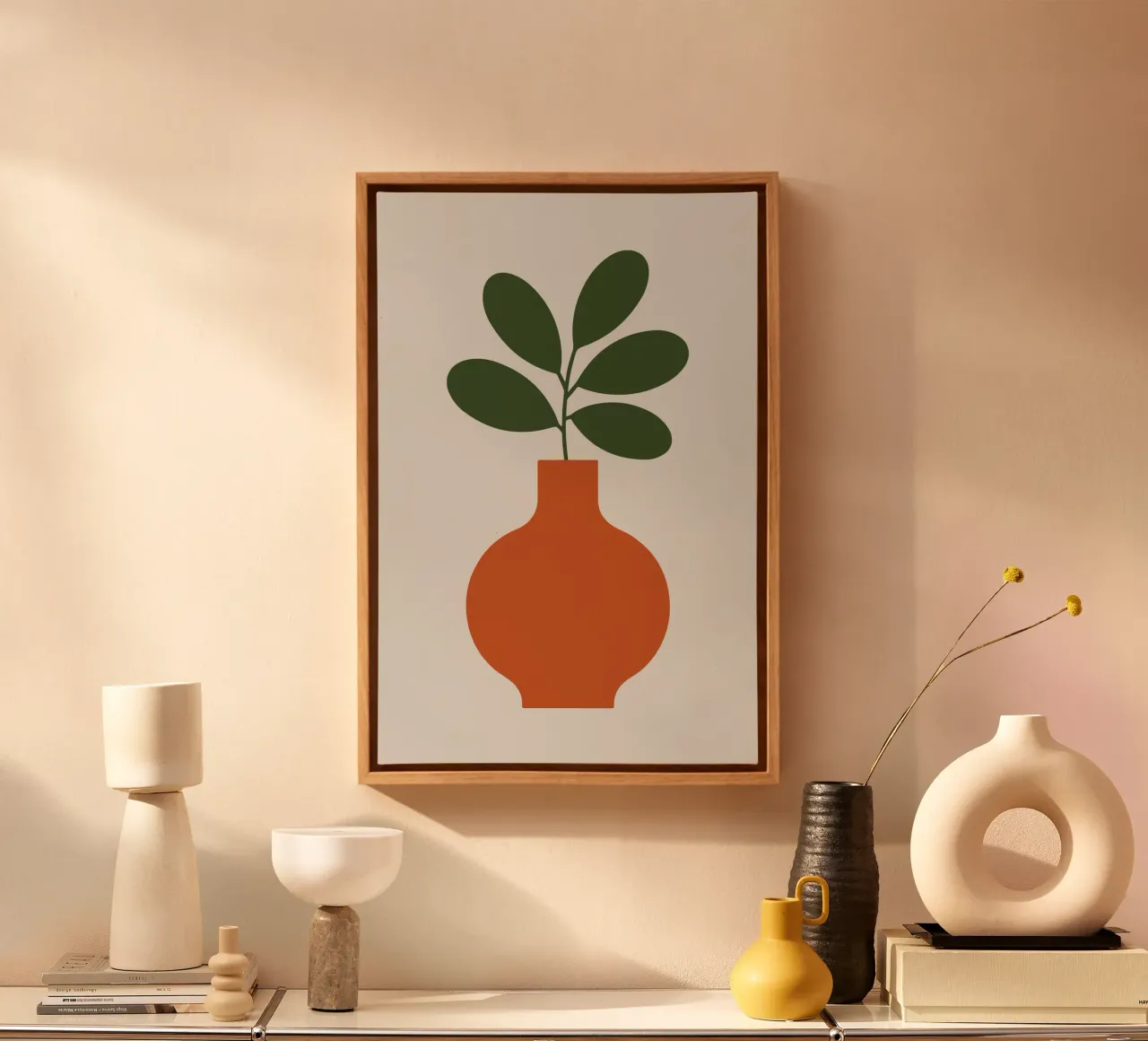 minimalist plant growing from tall vase canvas met Baklijst van LisaArtes