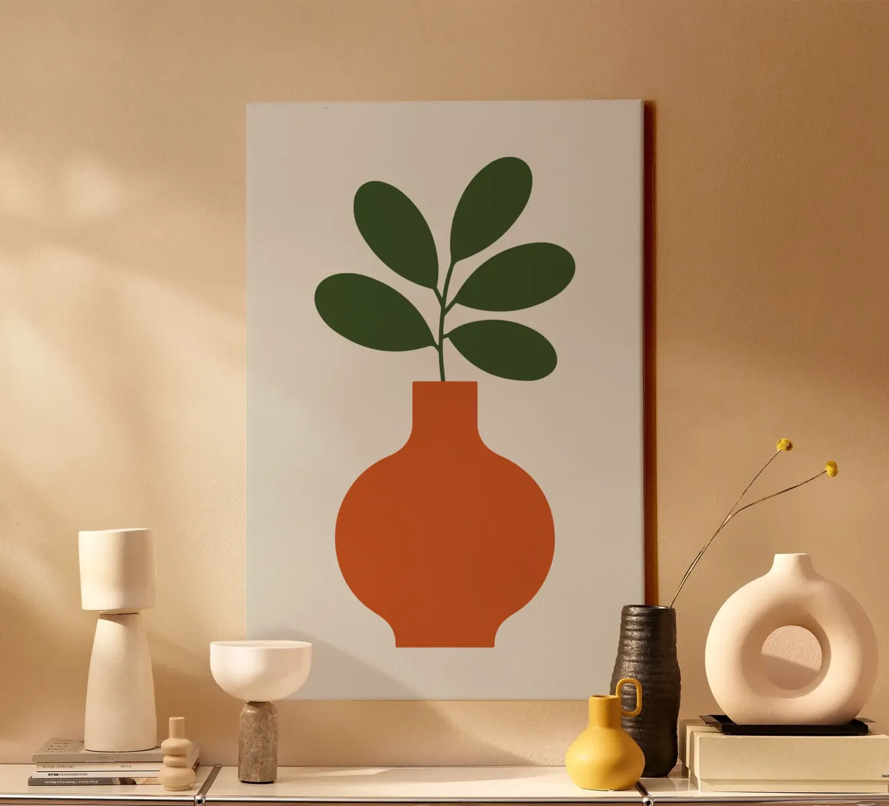 minimalist plant growing from tall vase canvas met Baklijst van LisaArtes