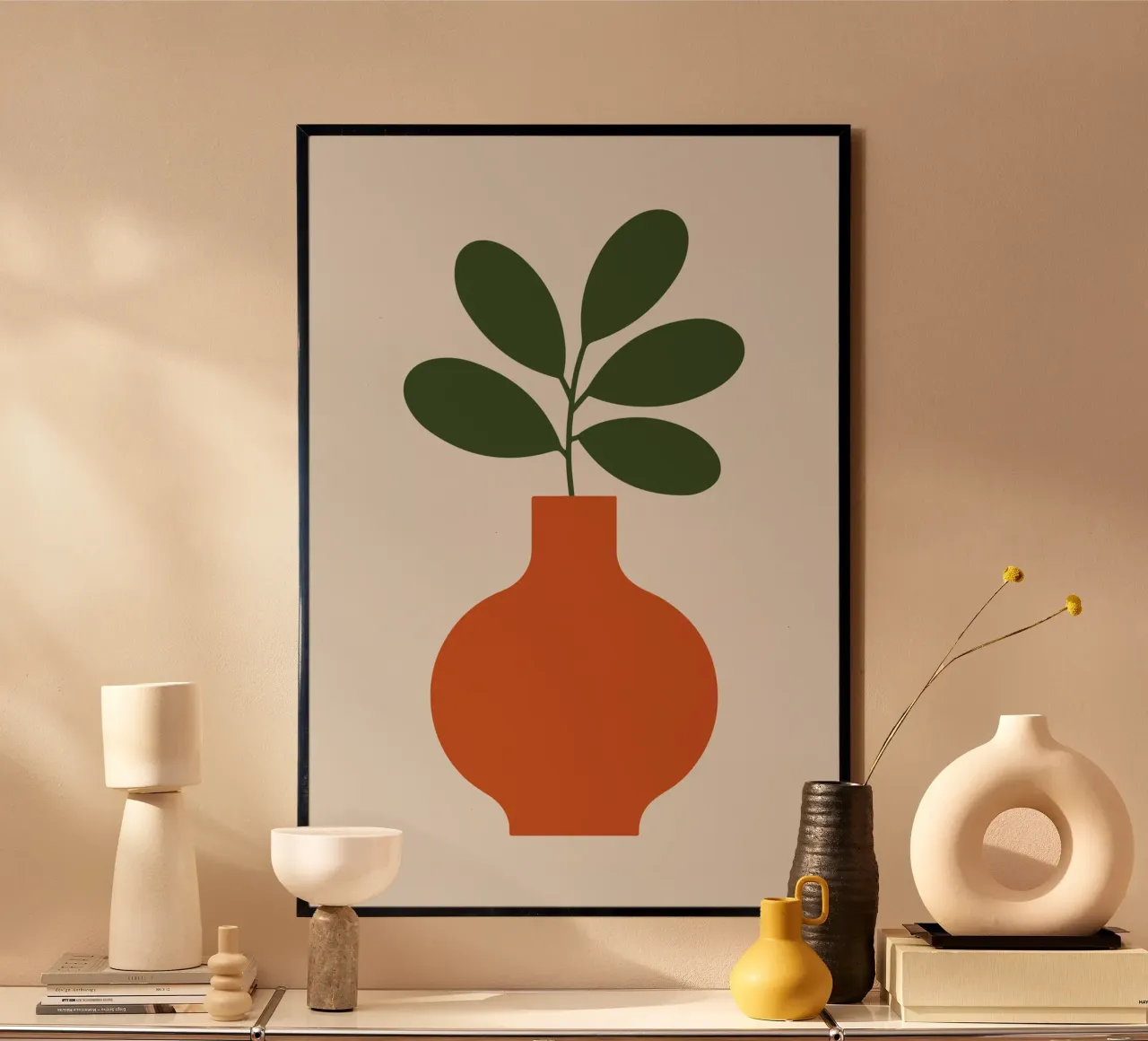minimalist plant growing from tall vase poster con telaio in alluminio da LisaArtes