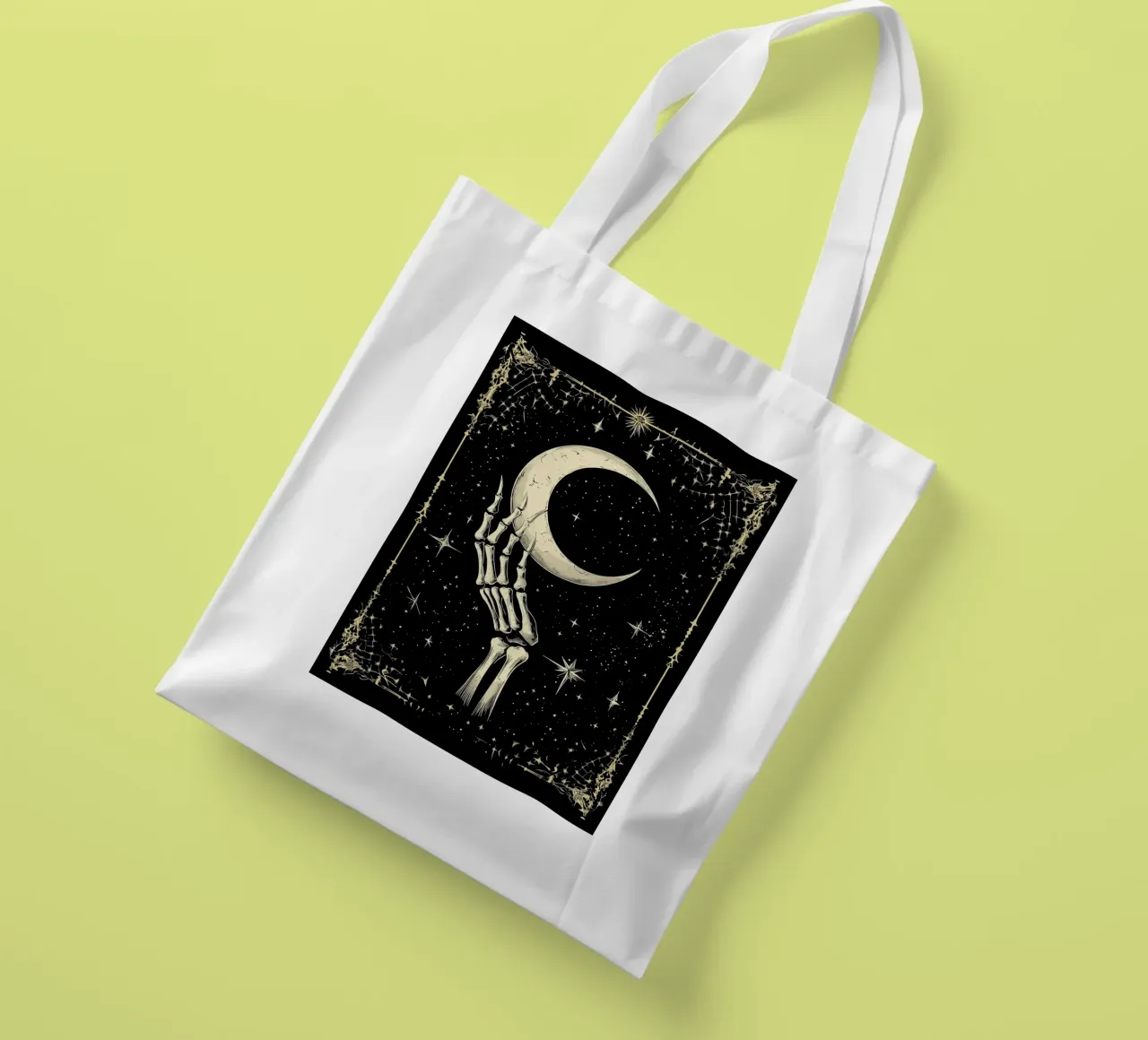 Mano di scheletro con luna crescente nel cosmo borsa in juta da pixelbull - medieval art and more