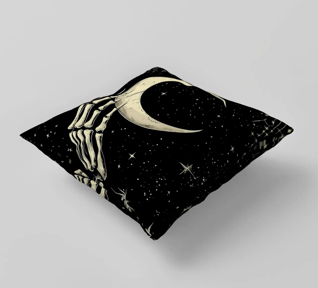 Mano di scheletro con luna crescente nel cosmo cuscino da pixelbull - medieval art and more