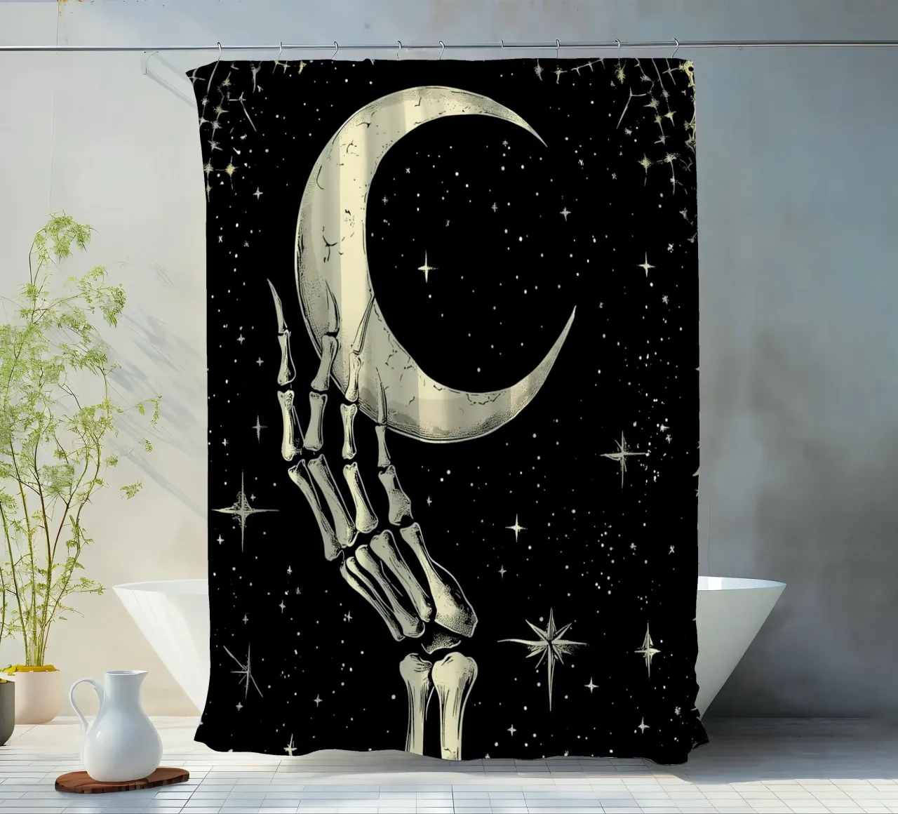Mano di scheletro con luna crescente nel cosmo tenda da doccia da pixelbull - medieval art and more