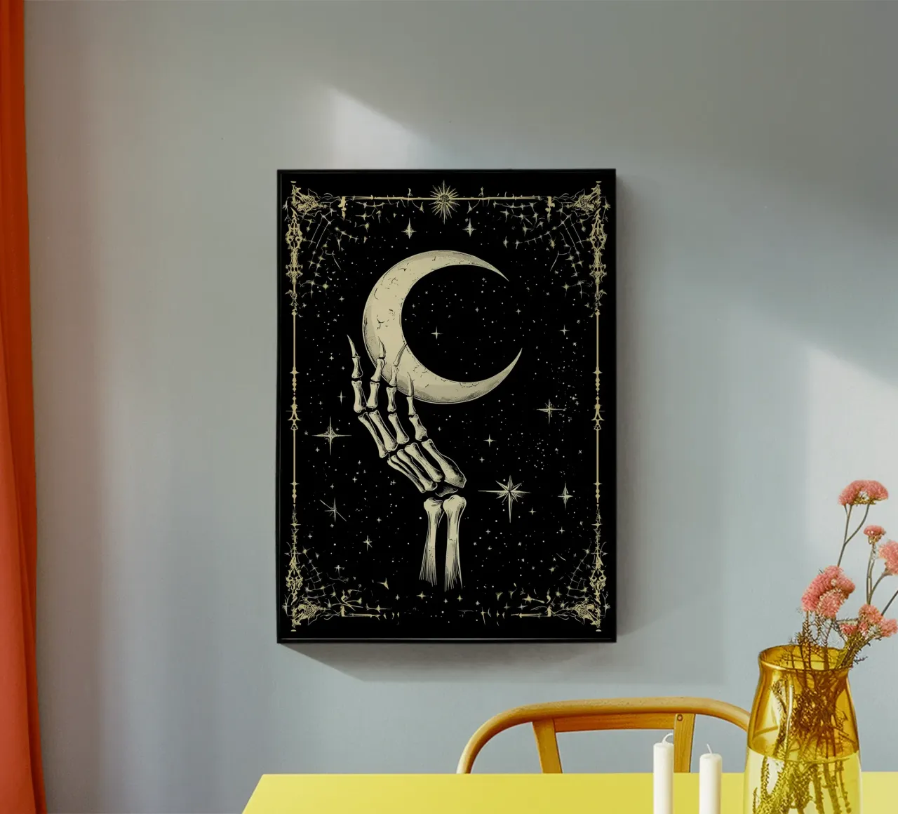 Mano di scheletro con luna crescente nel cosmo plexiglass da pixelbull - medieval art and more