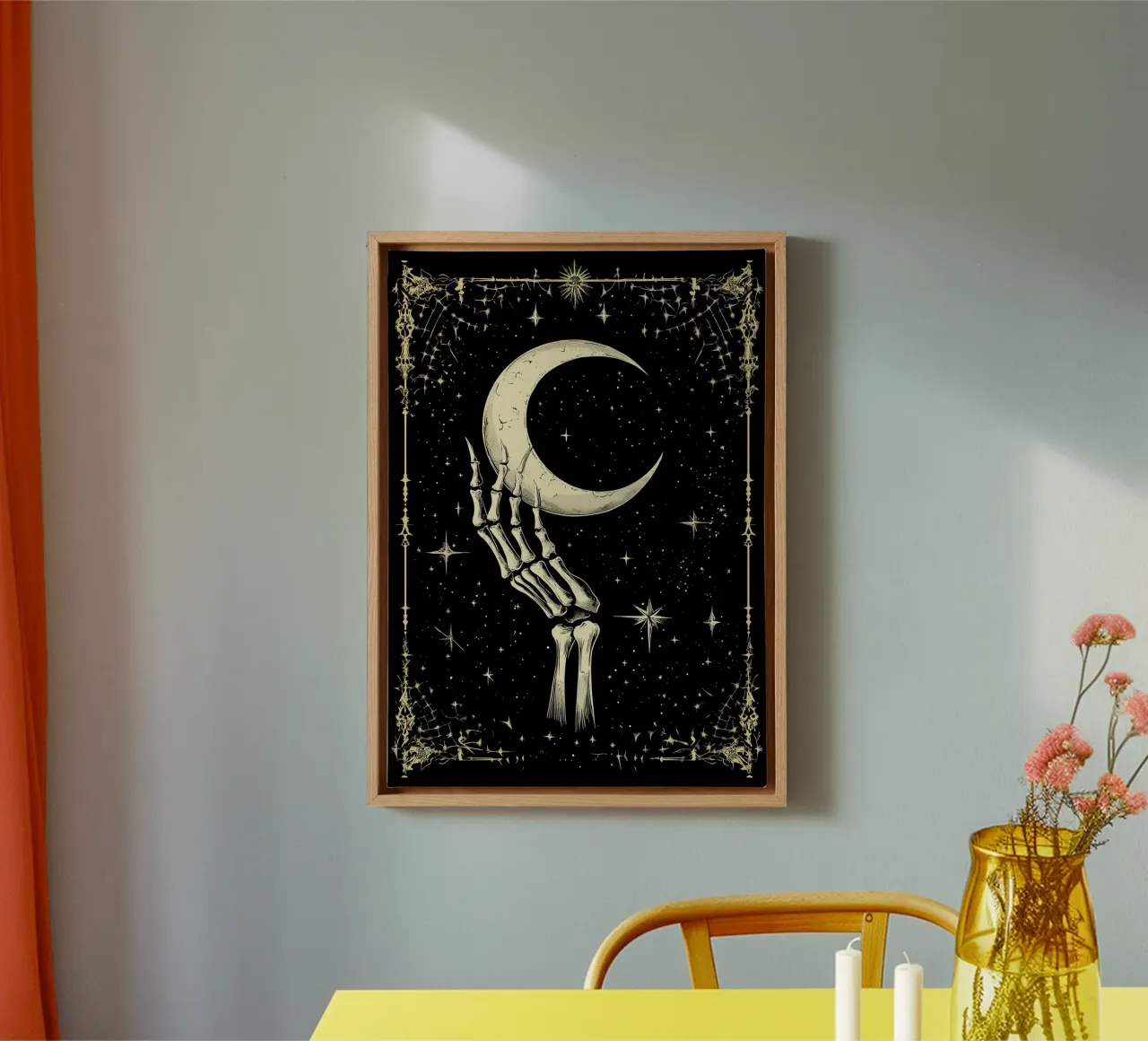 Mano di scheletro con luna crescente nel cosmo tela con Cornice a cassetta da pixelbull - medieval art and more