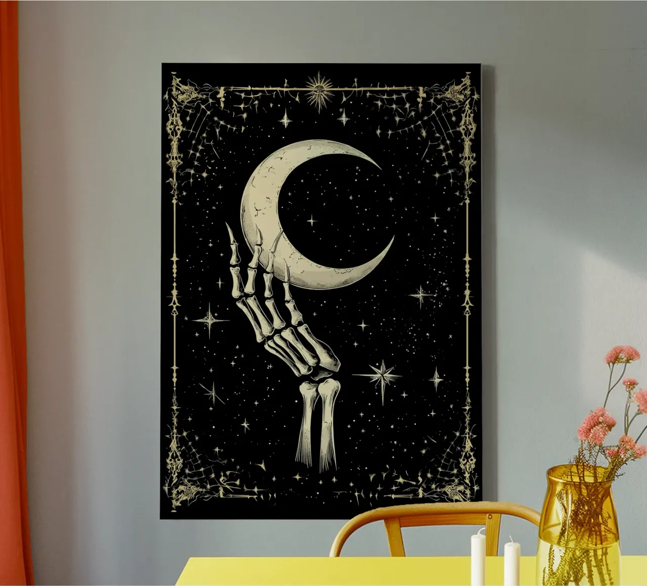 Mano di scheletro con luna crescente nel cosmo tela con Cornice a cassetta da pixelbull - medieval art and more