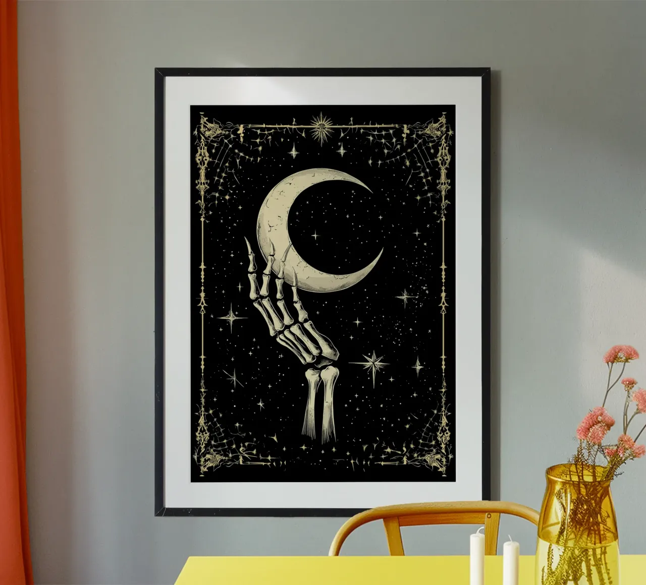 Skeleton hand with crescent moon in the cosmos poster by pixelbull - medieval art and more
