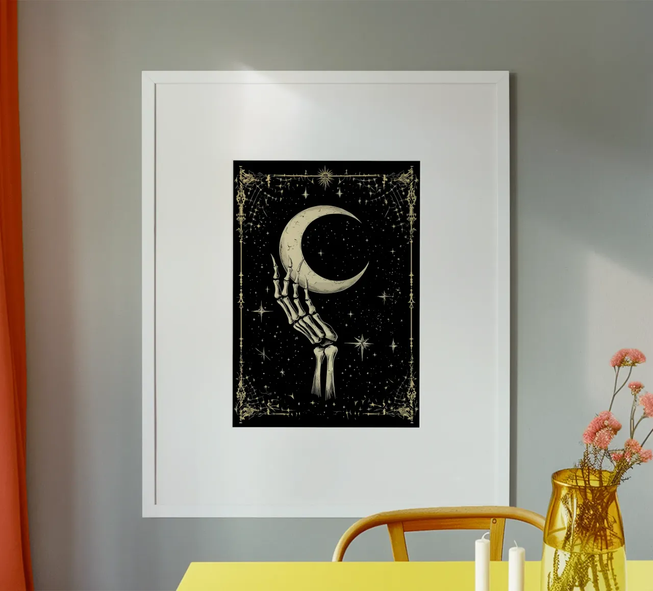Skeleton hand with crescent moon in the cosmos poster by pixelbull - medieval art and more