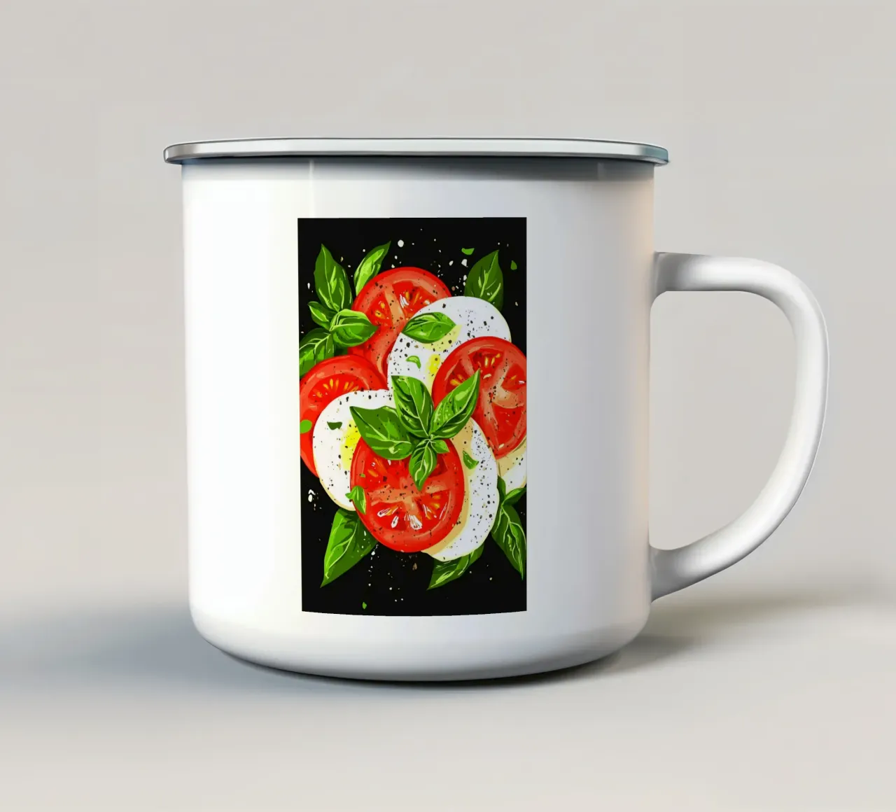 Caprese con basilico su sfondo scuro tazza in smalto da pixelbull - medieval art and more