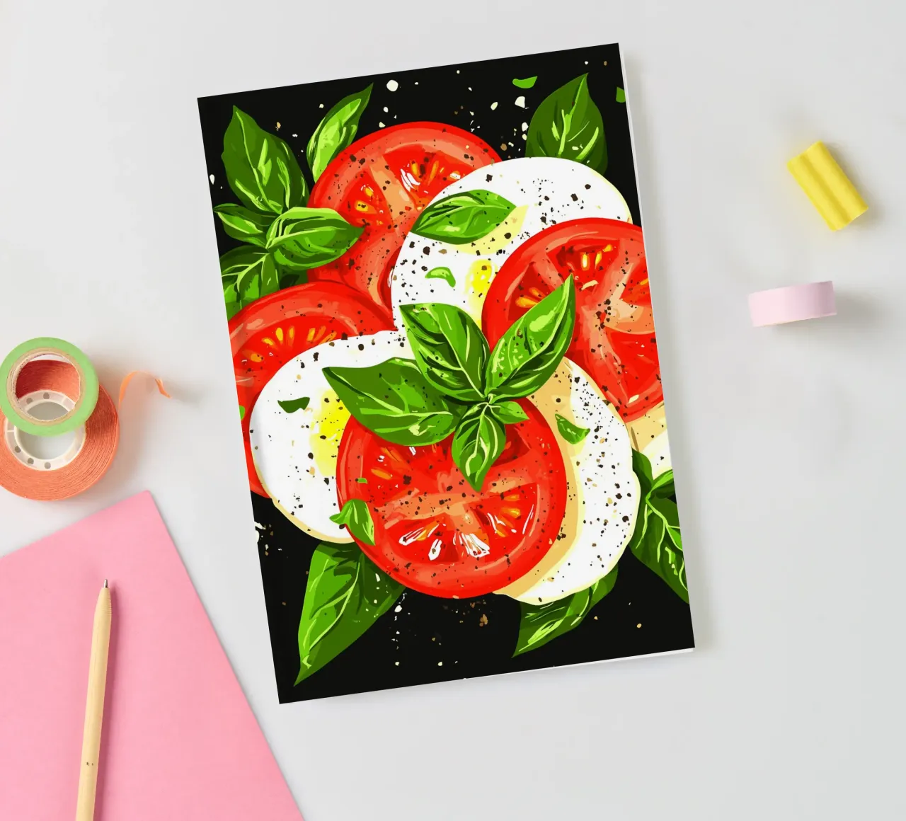Caprese with basil on a dark background notebook by pixelbull - medieval art and more