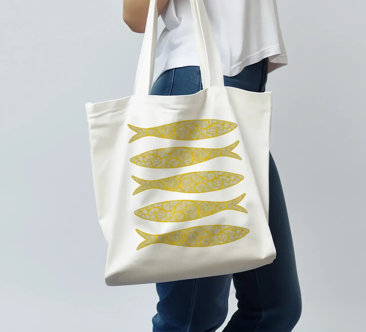 Golden Sardines tote bag by Kuba Gornowicz