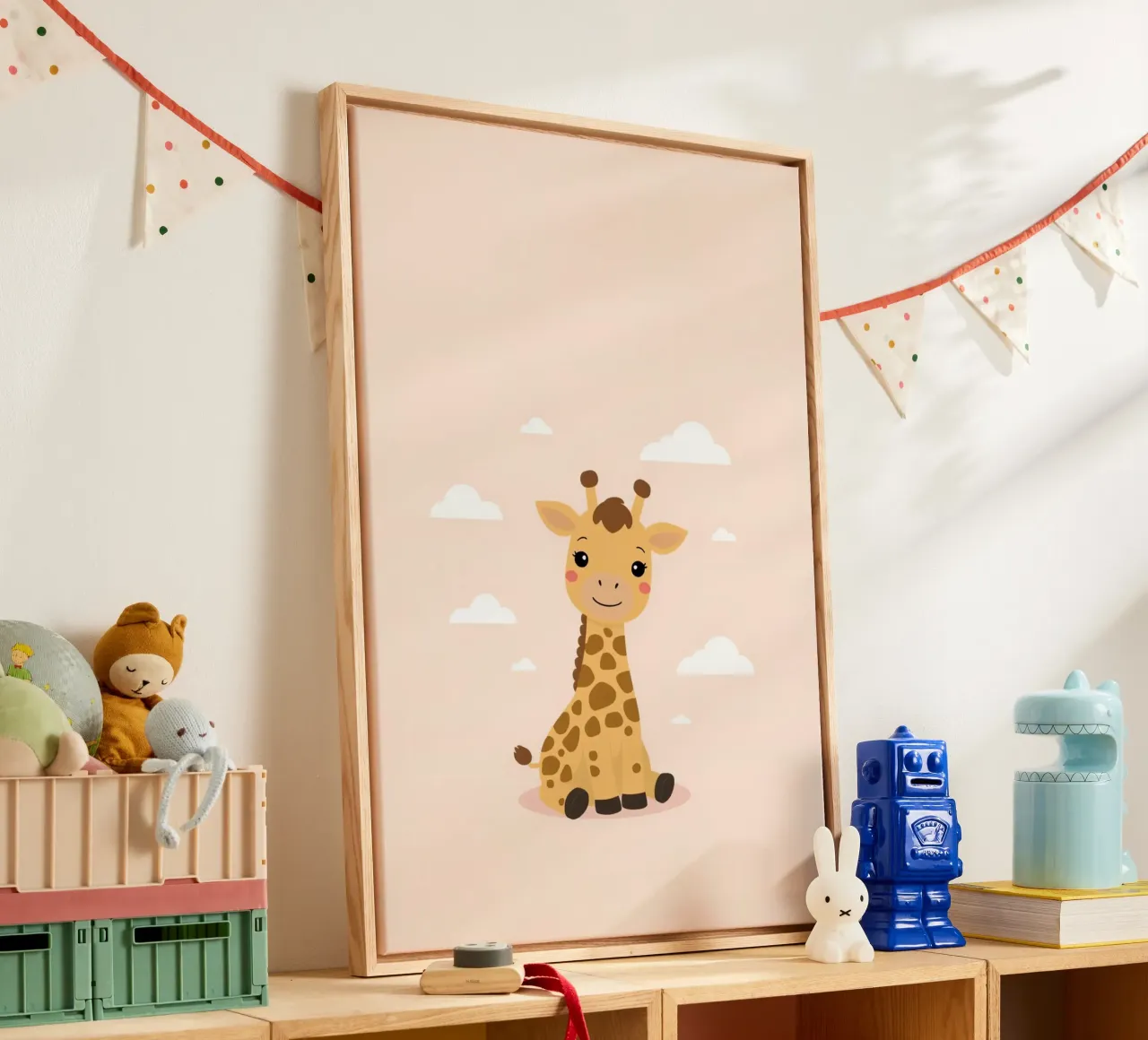 Niedliche glückliche Cartoon-Giraffe mit Wolken sitzend Leinwand von DesignDoodle