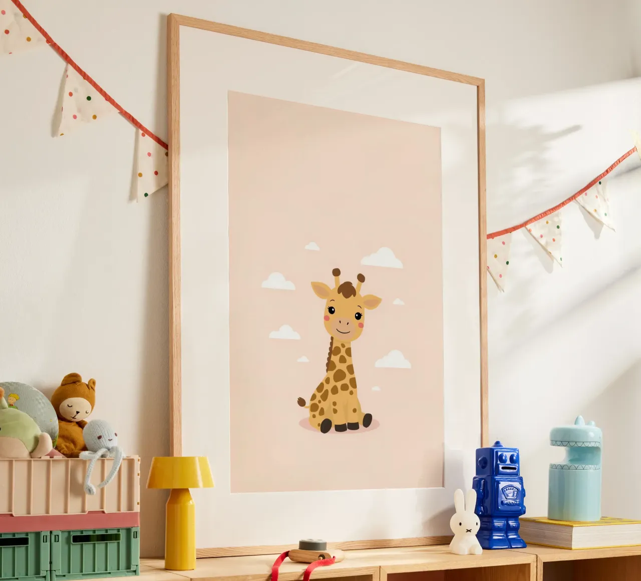 Carino Felice Cartoon Giraffa seduto con le nuvole poster da DesignDoodle