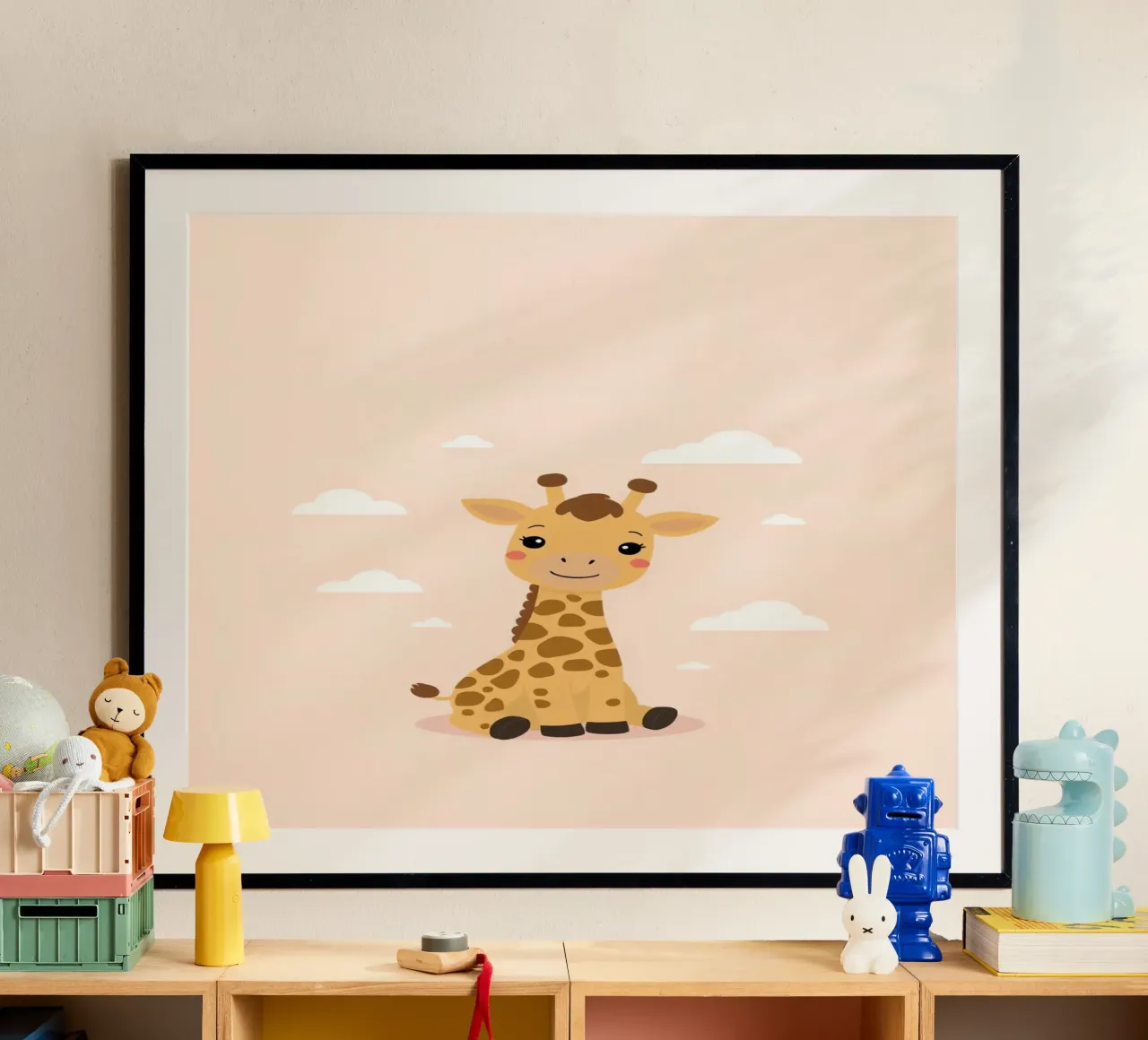 Carino Felice Cartoon Giraffa seduto con le nuvole poster da DesignDoodle