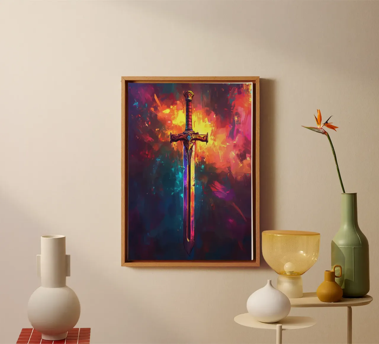 Magic sword in colour fire canvas with Floater frame by pixelbull - medieval art and more