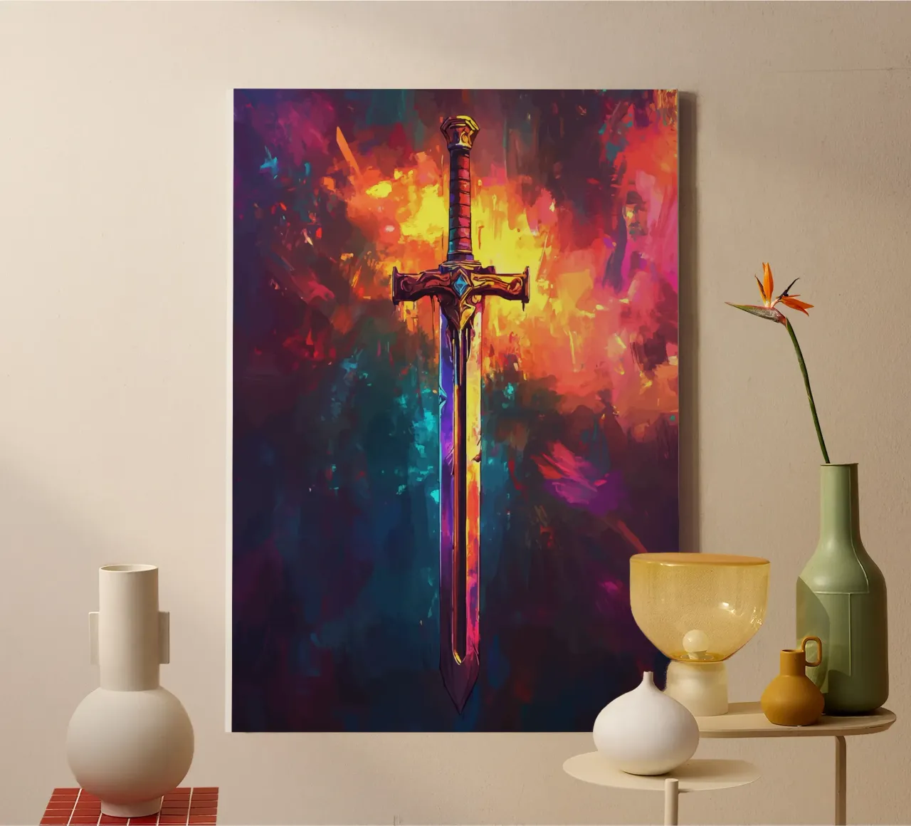 Magic sword in colour fire canvas with Floater frame by pixelbull - medieval art and more