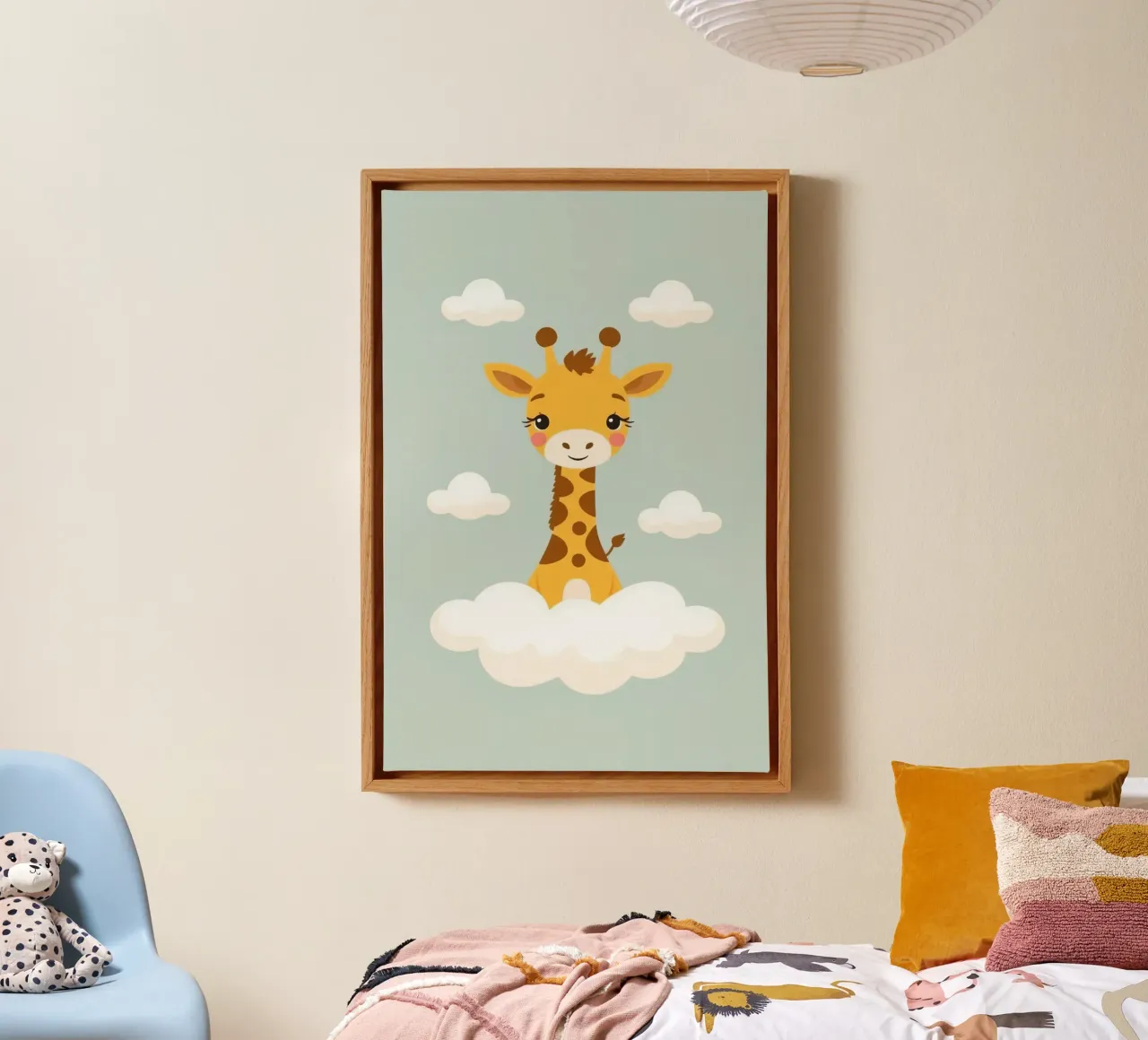 Cartoon Giraffe Standing in Clouds canvas met Baklijst van DesignDoodle