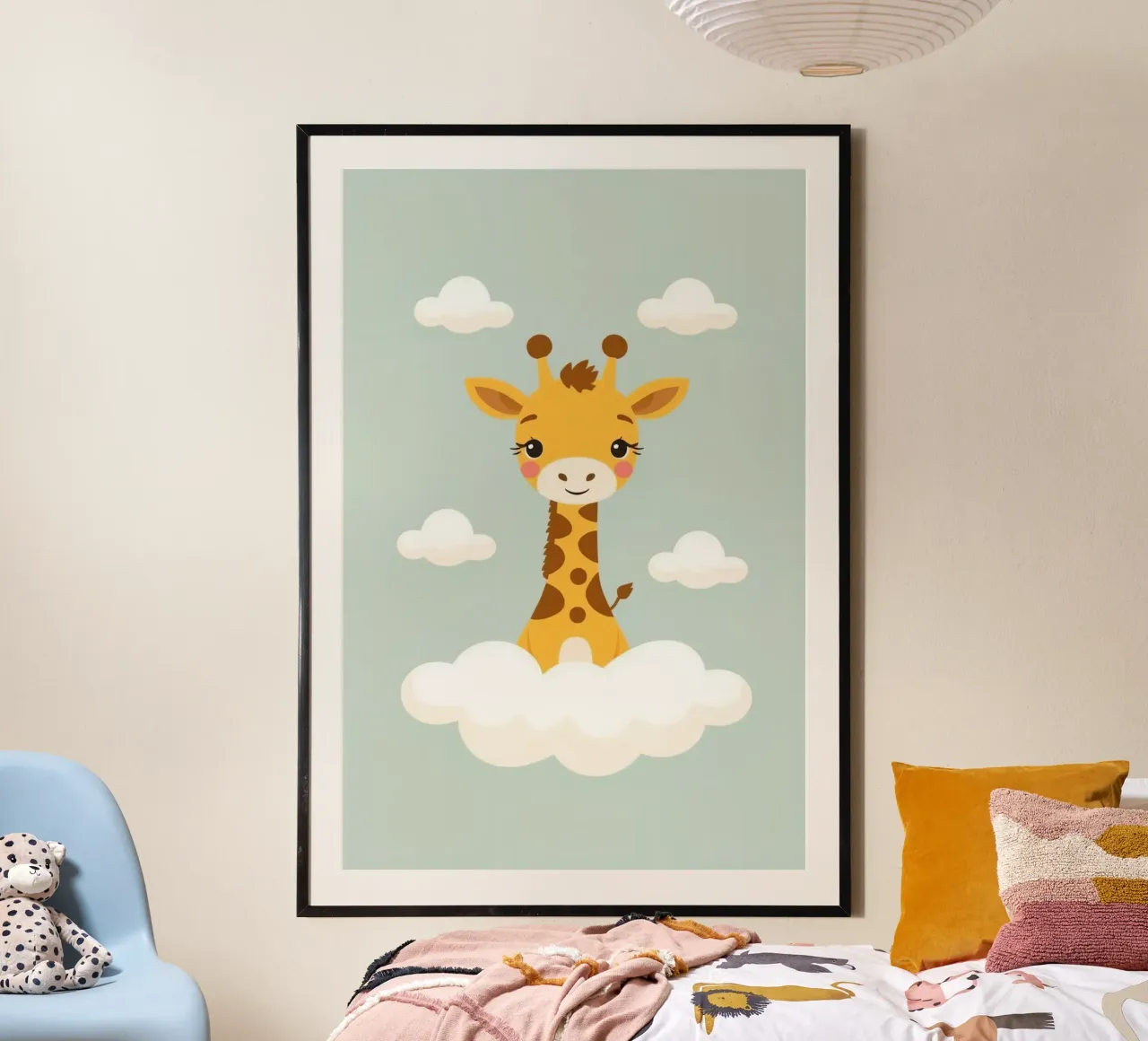 Cartone animato Giraffa in piedi tra le nuvole poster da DesignDoodle