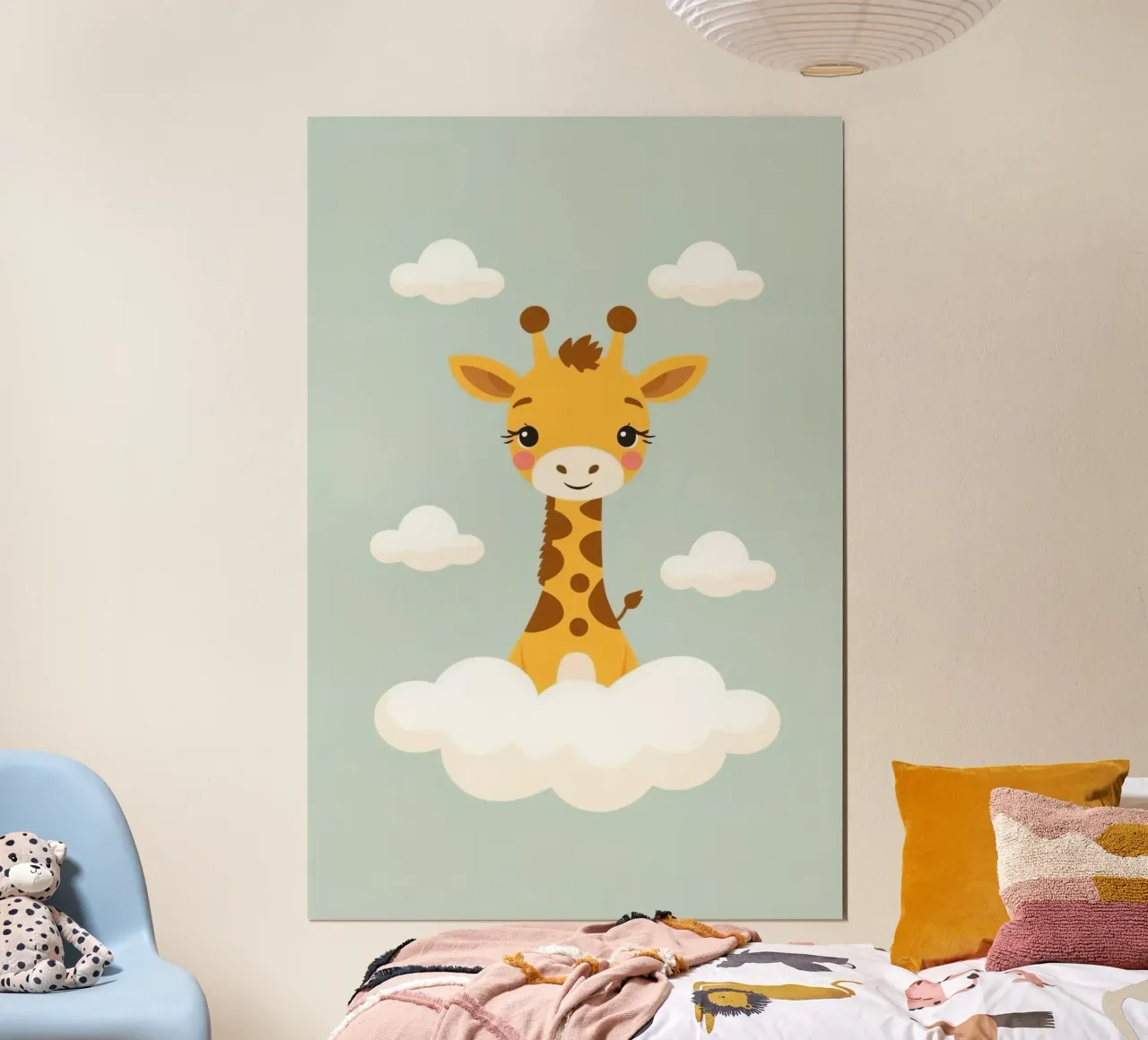 Cartone animato Giraffa in piedi tra le nuvole poster da DesignDoodle