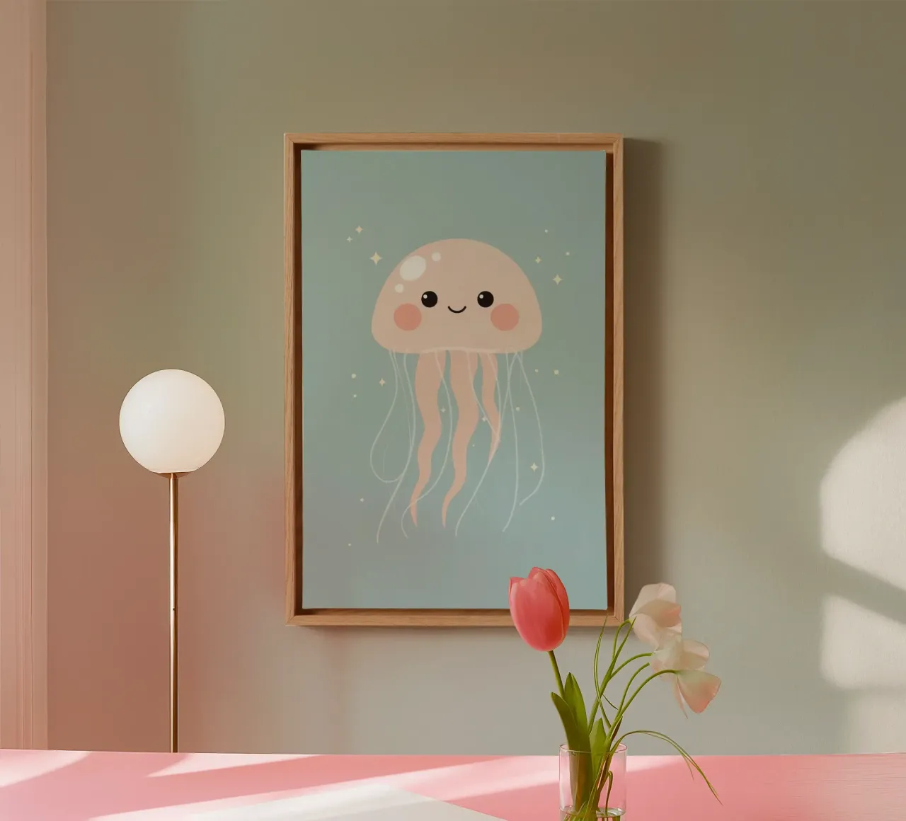 Medusa de dibujos animados con estrellas sobre fondo azul lienzo con Marco flotante de DesignDoodle