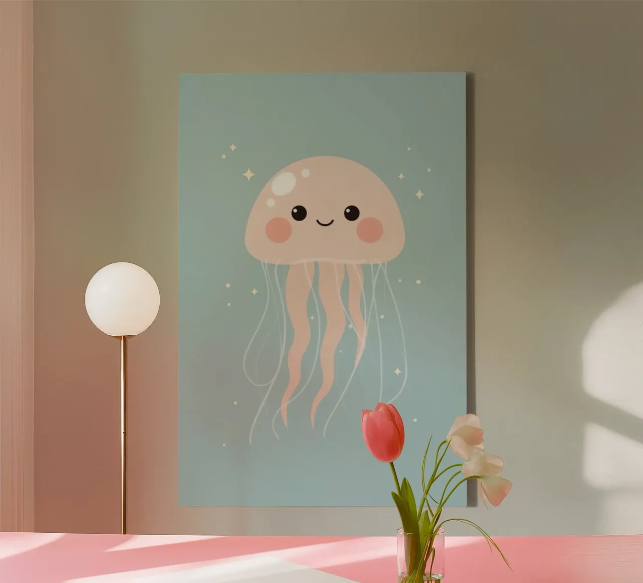 Medusa de dibujos animados con estrellas sobre fondo azul lienzo con Marco flotante de DesignDoodle