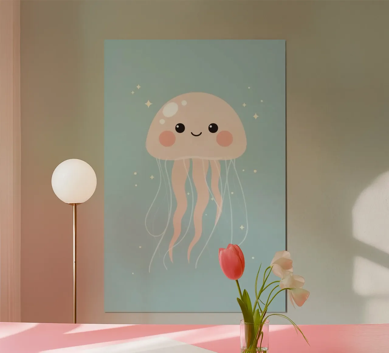 Niedliche Cartoon-Qualle mit Sternen auf blauem Hintergrund Poster von DesignDoodle