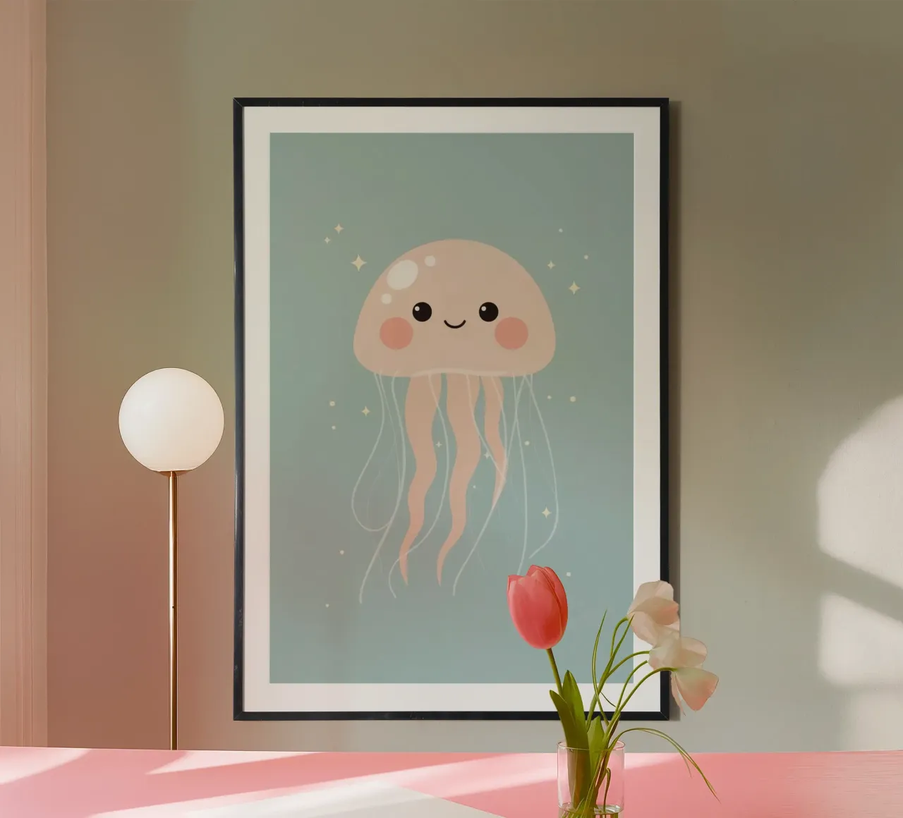 Niedliche Cartoon-Qualle mit Sternen auf blauem Hintergrund Poster von DesignDoodle
