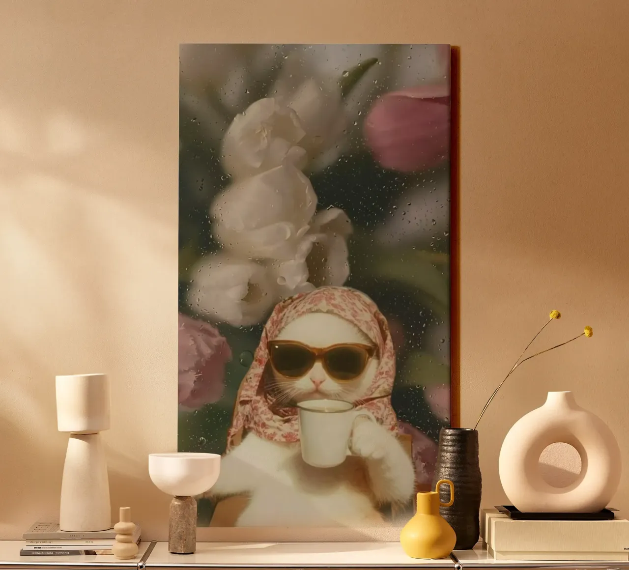 cat coffee in flower back canvas with Floater frame by throme
