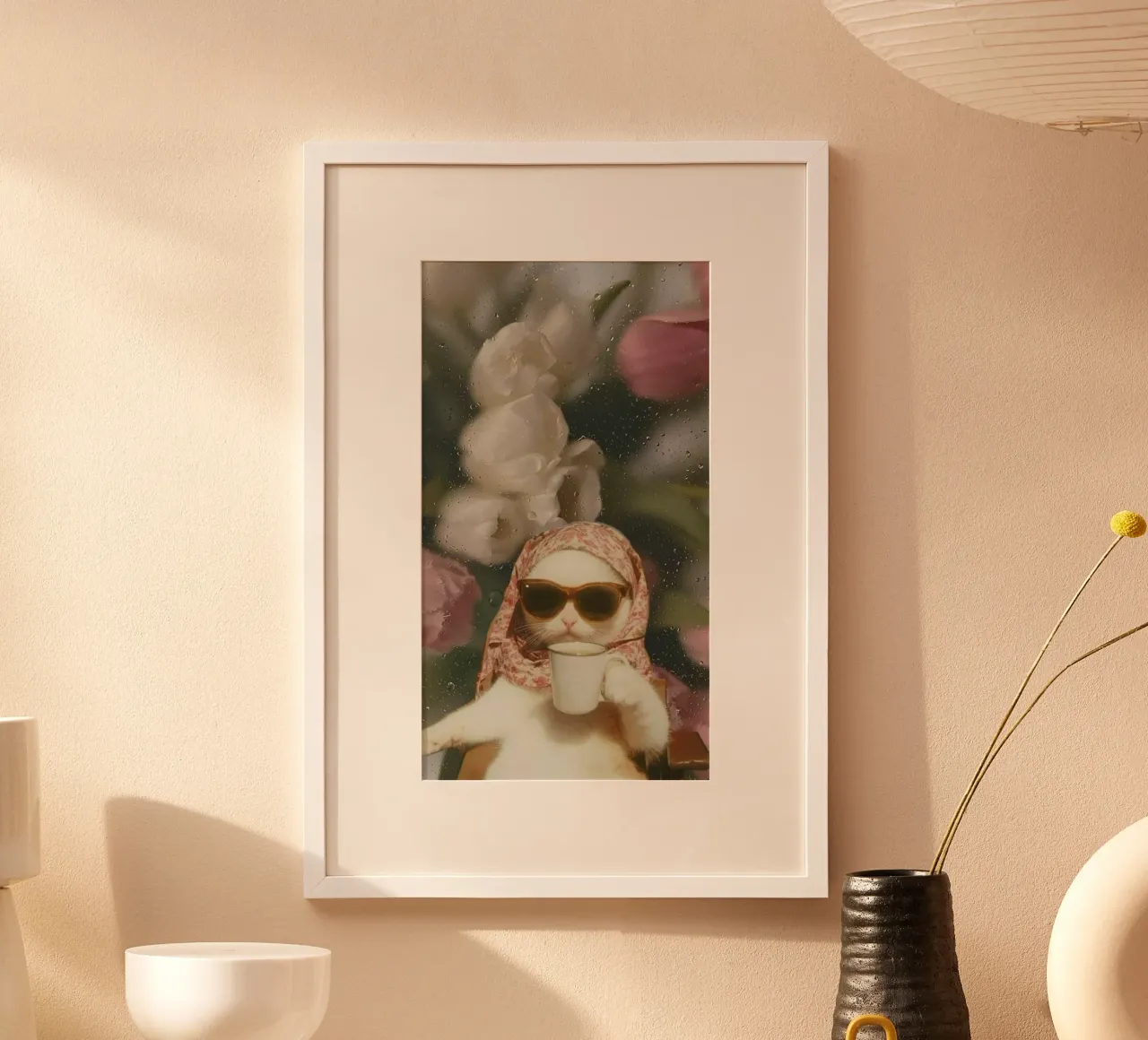 cat coffee in flower back poster da throme