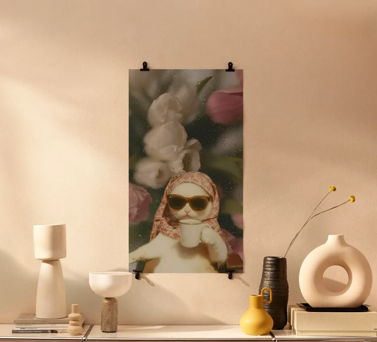 cat coffee in flower back poster da throme