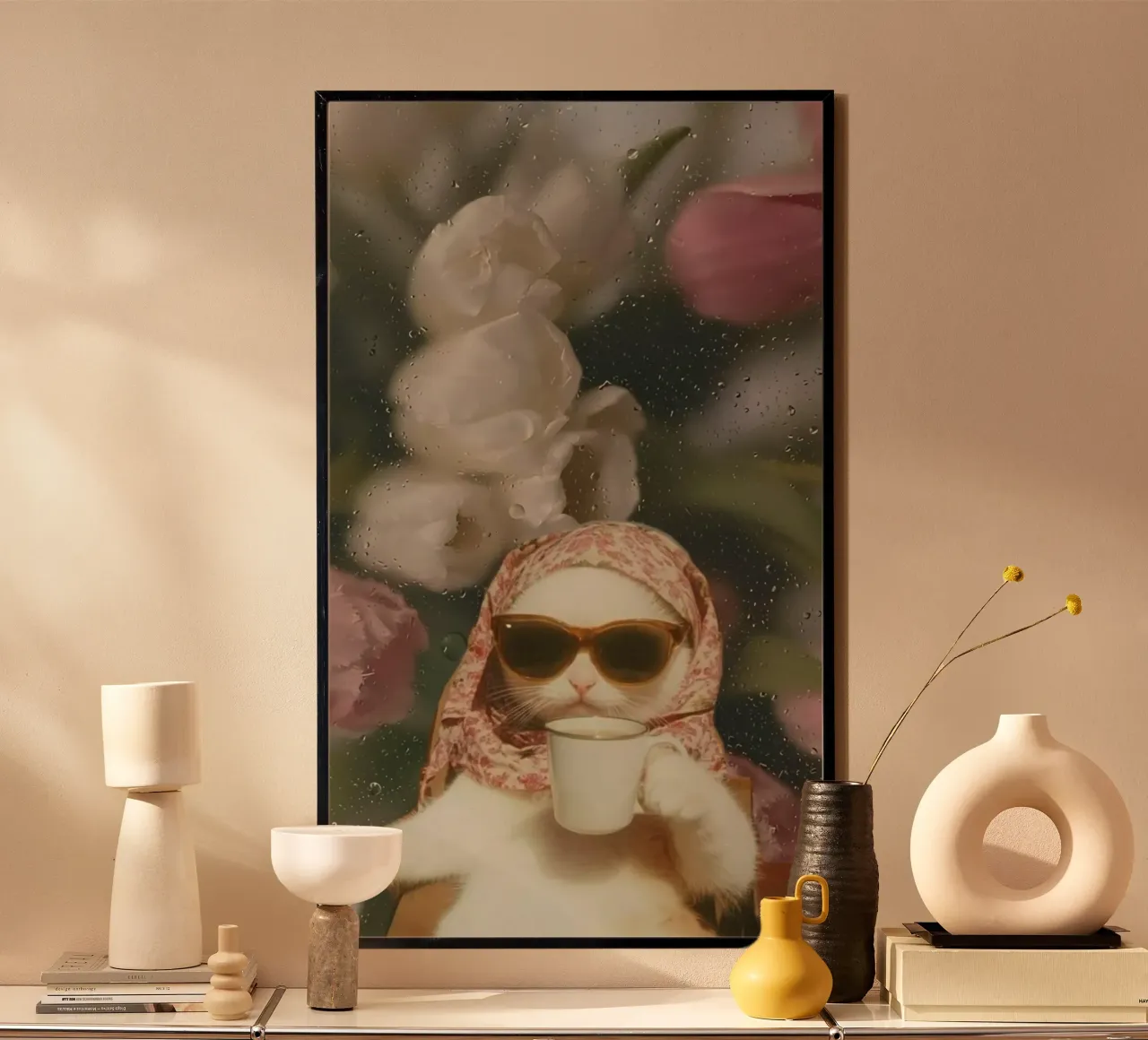 cat coffee in flower back poster da throme