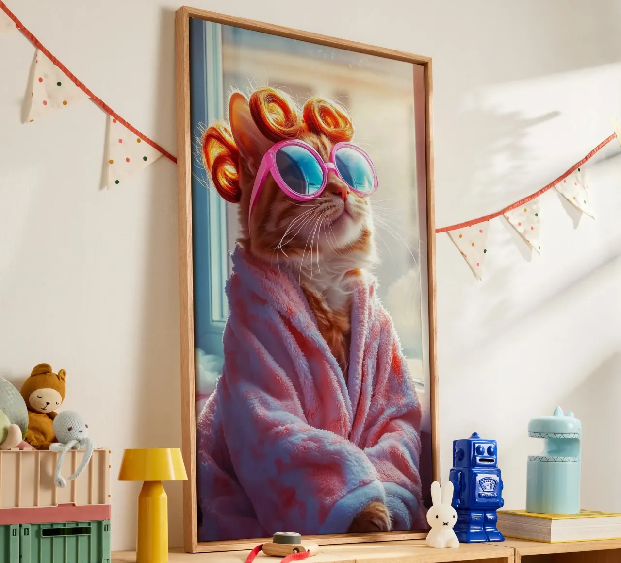 cool cat in shower dress tela con Cornice a cassetta da throme