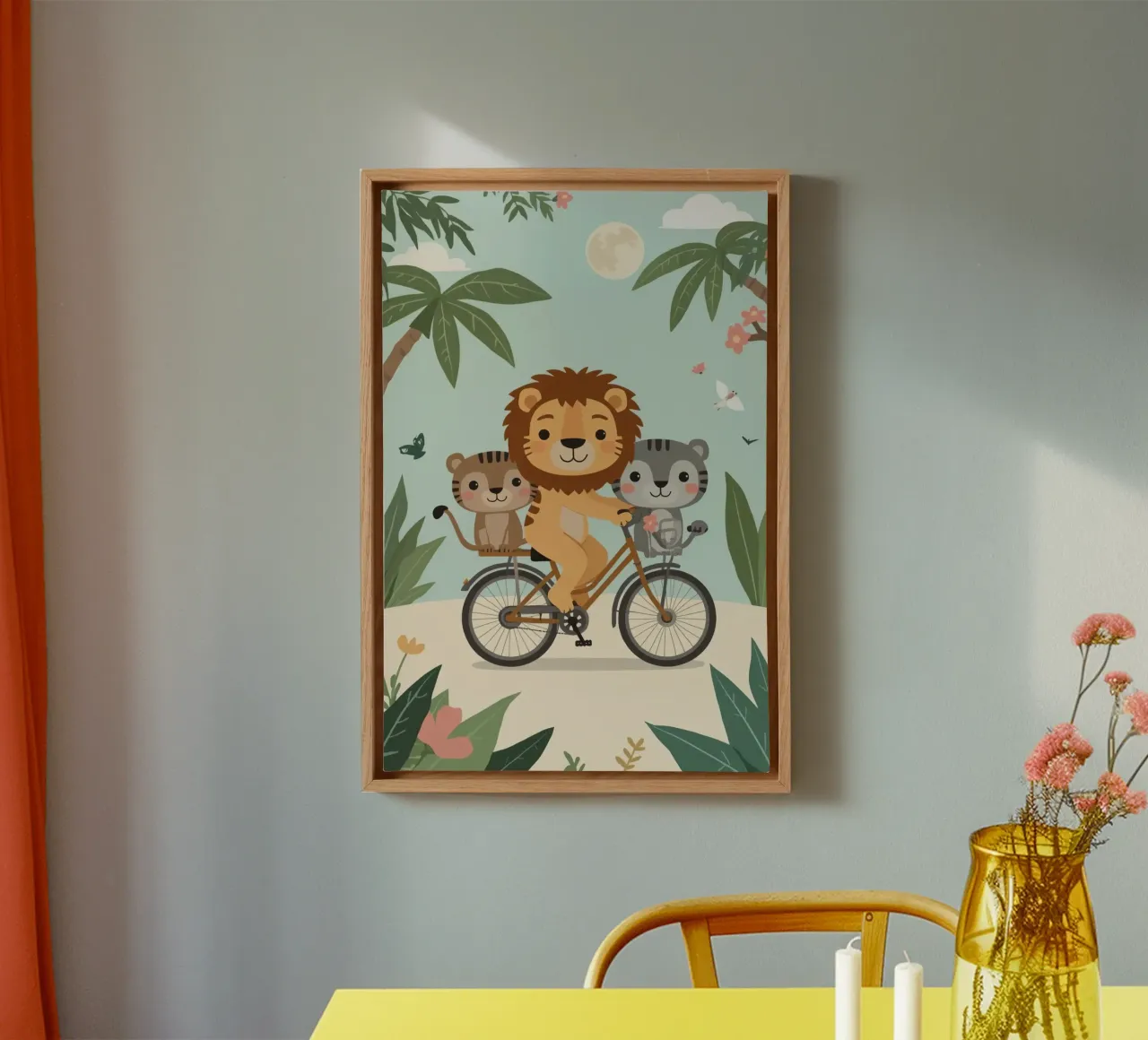 Cute funny Cartoon Lion and cats on Bicycle in Jungle canvas with Floater frame by DesignDoodle