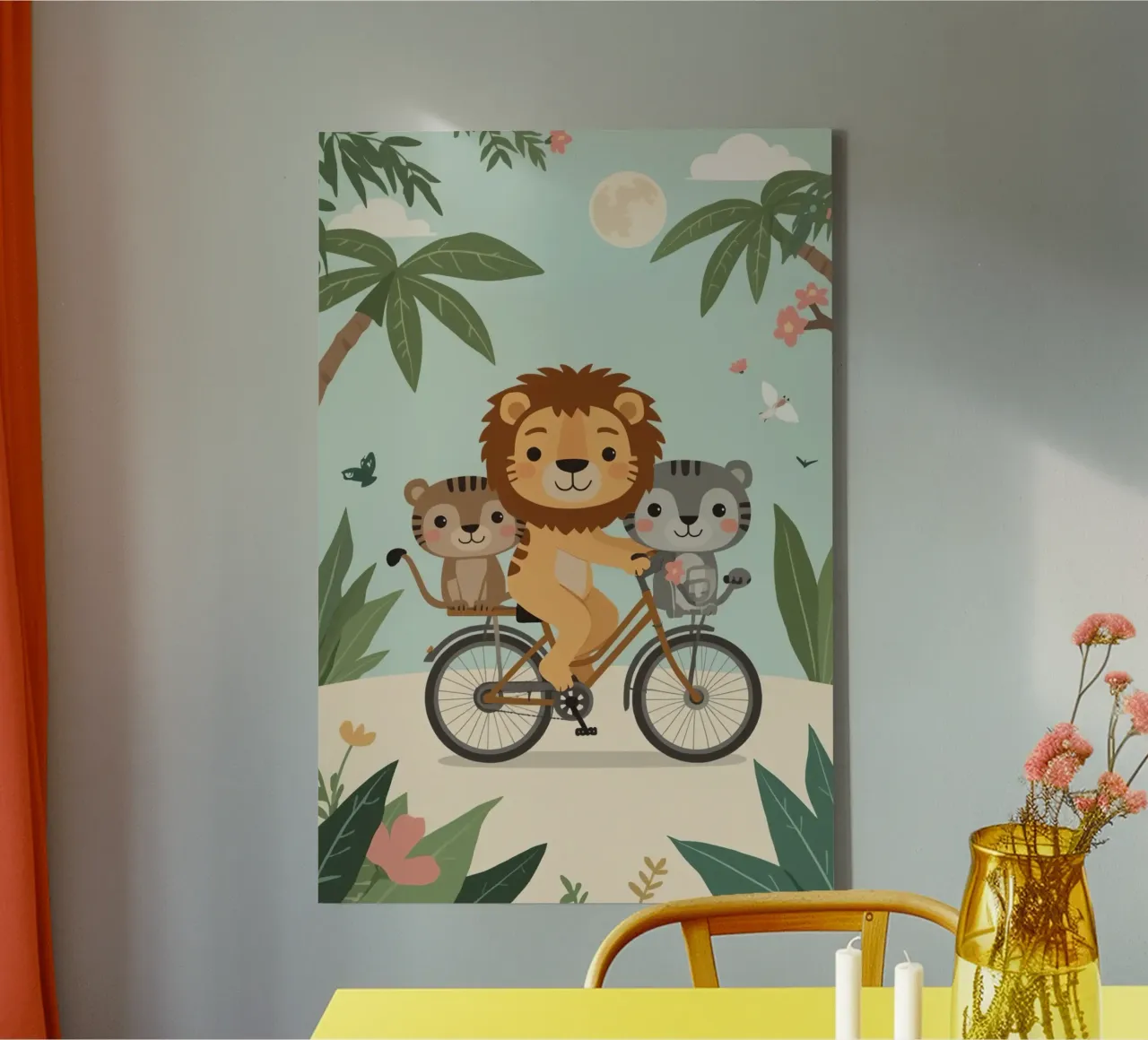Cute funny Cartoon Lion and cats on Bicycle in Jungle canvas with Floater frame by DesignDoodle