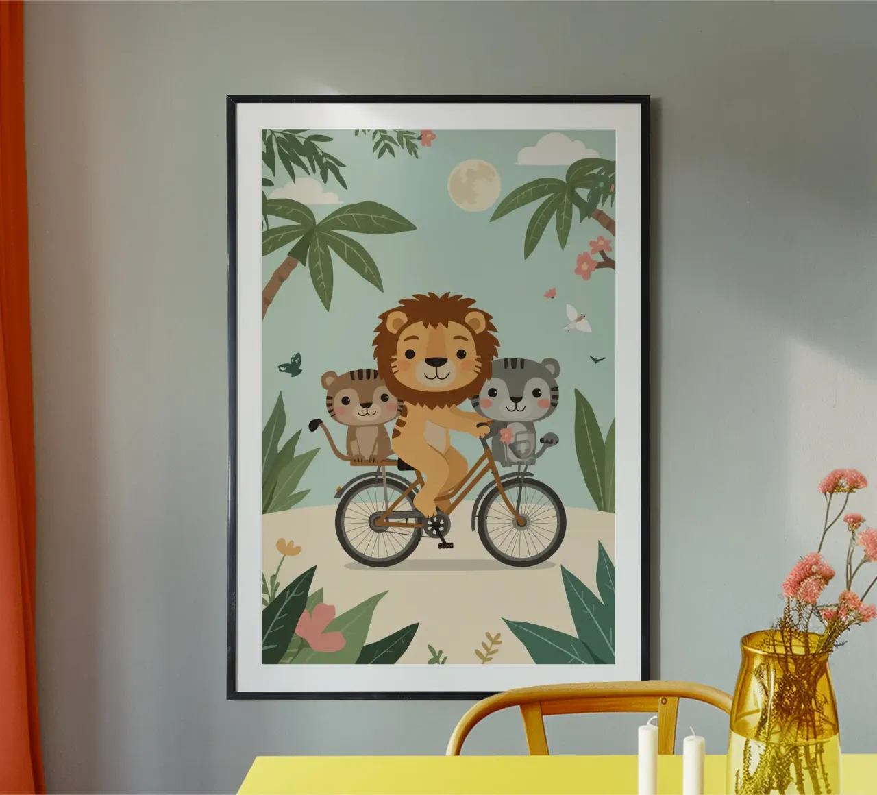 Carino divertente cartone animato Leone e gatti in bicicletta nella giungla poster da DesignDoodle