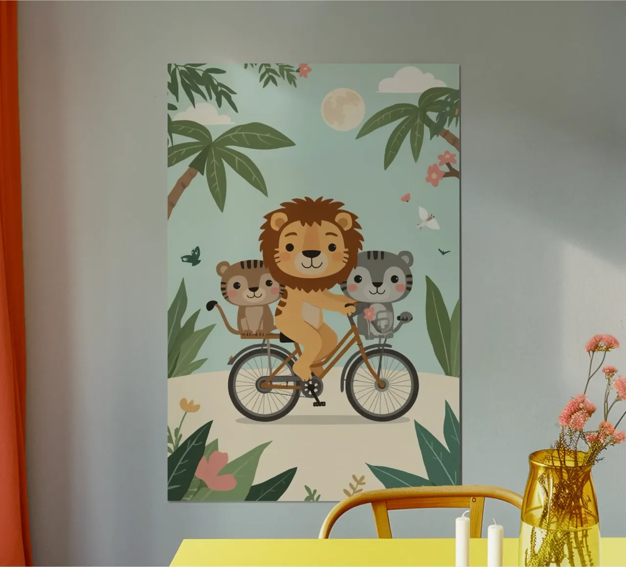 Carino divertente cartone animato Leone e gatti in bicicletta nella giungla poster da DesignDoodle
