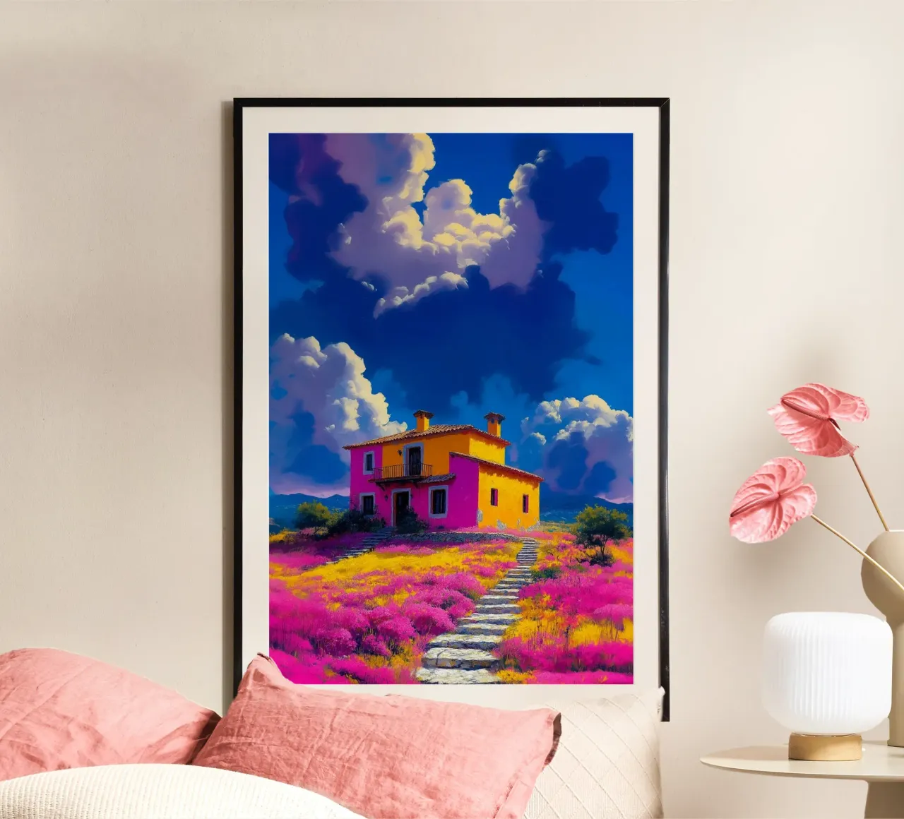 house pink gradient poster con telaio in alluminio da chaodays