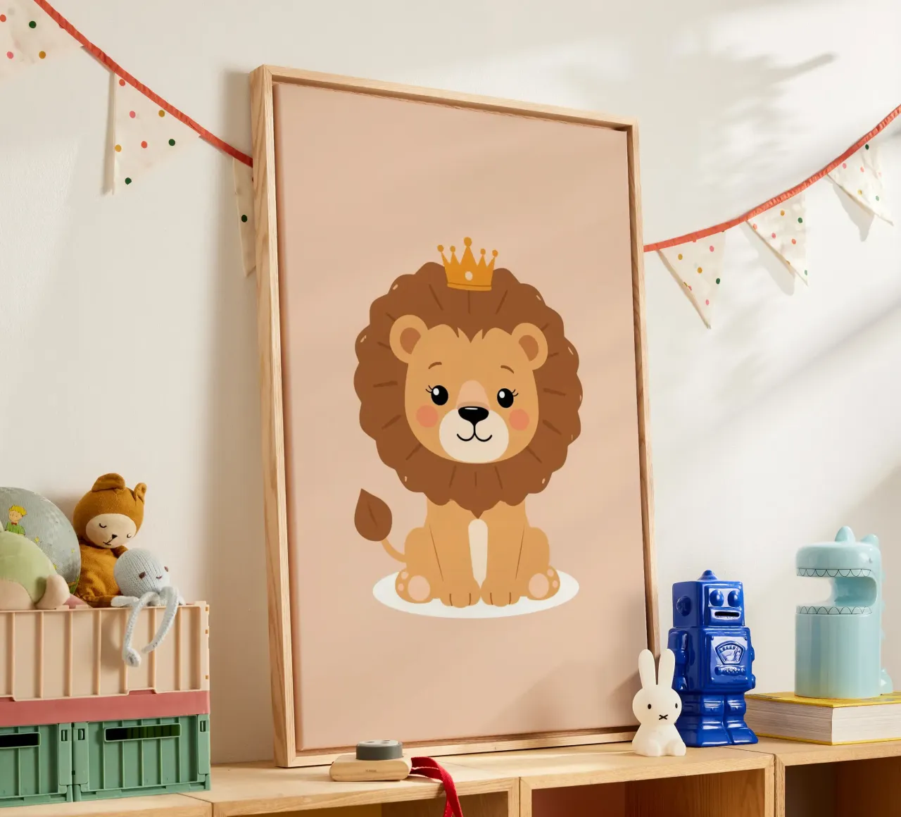Carino cartone animato Leone con corona seduto su sfondo di pesca tela con Cornice a cassetta da DesignDoodle