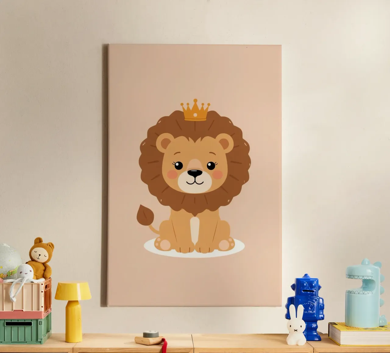 Carino cartone animato Leone con corona seduto su sfondo di pesca tela con Cornice a cassetta da DesignDoodle